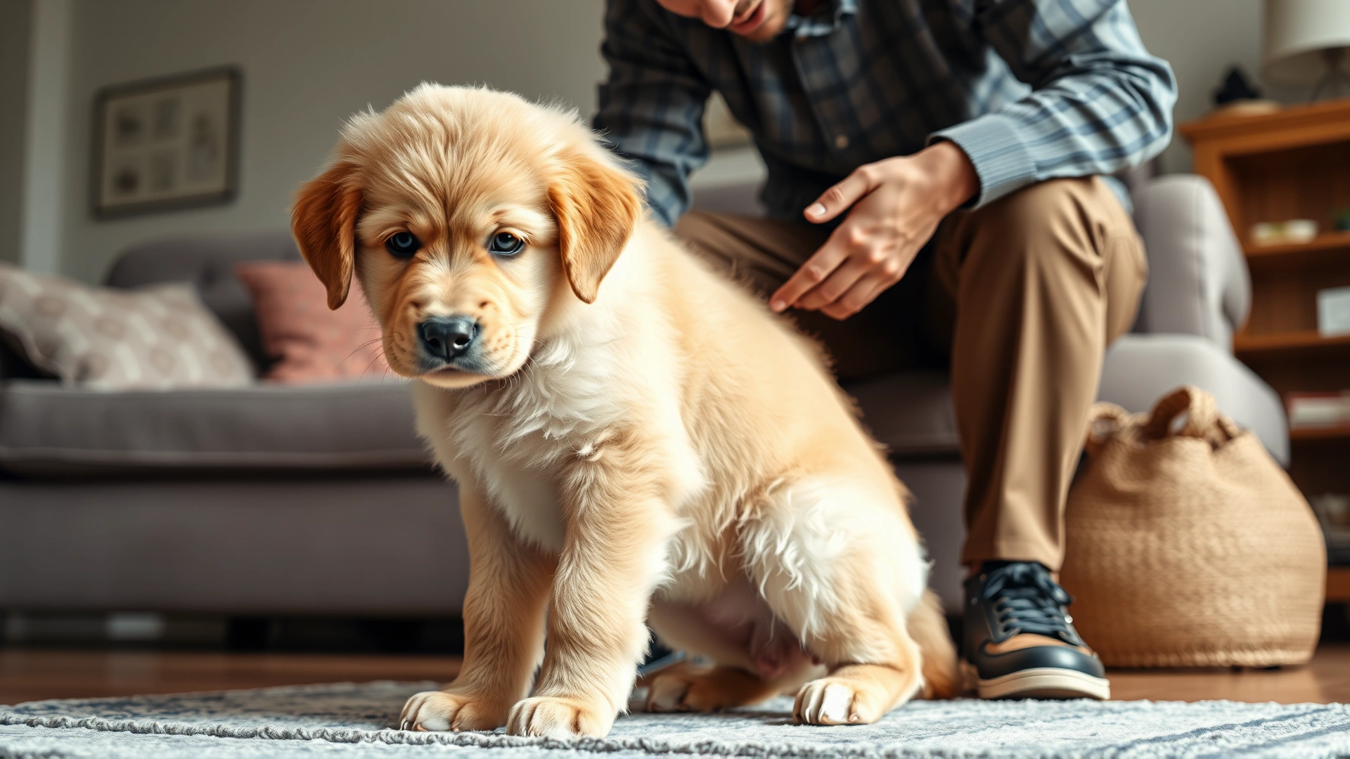 Young giant-breed puppy limping slightly while its owner offers comfort in a home living room, no text.