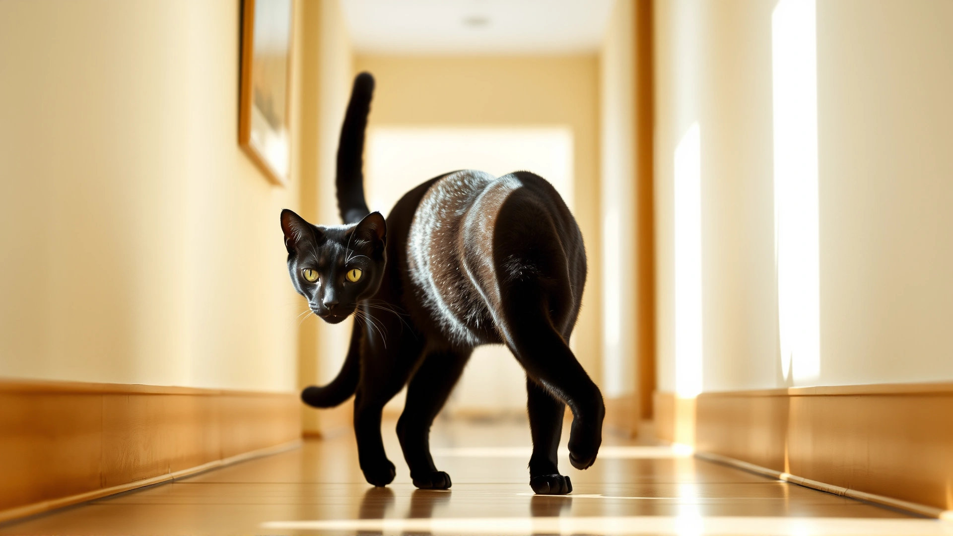 Adult Bombay cat walking gracefully down a sunlit hallway, showcasing its shiny black coat and panther-like silhouette.