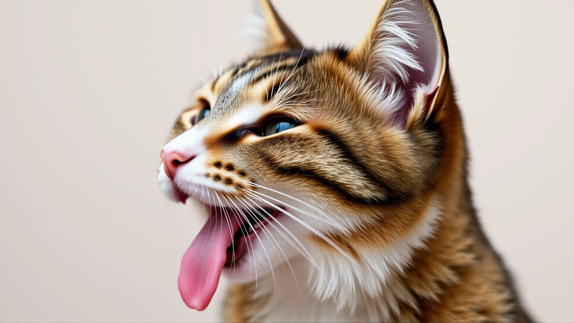 Close-up of a cat sitting upright and panting with tongue slightly out, signifying overheating.