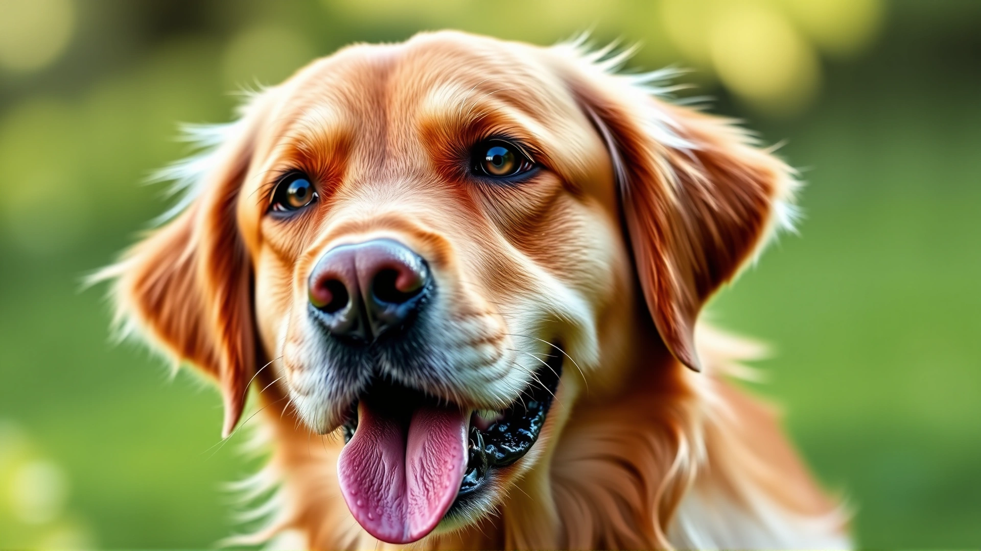 Close-up portrait of a golden retriever with its tongue out, panting lightly and looking directly at the camera, against a blurred green background.