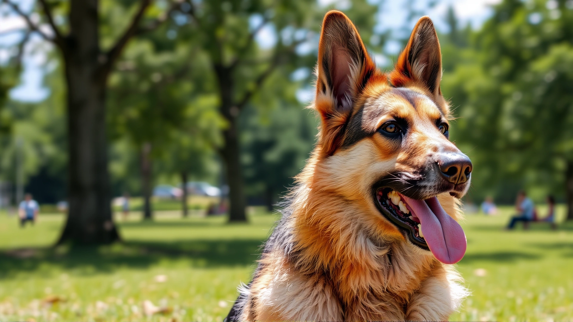 German shepherd sitting in a park on a hot summer day, mouth open and tongue hanging out while panting