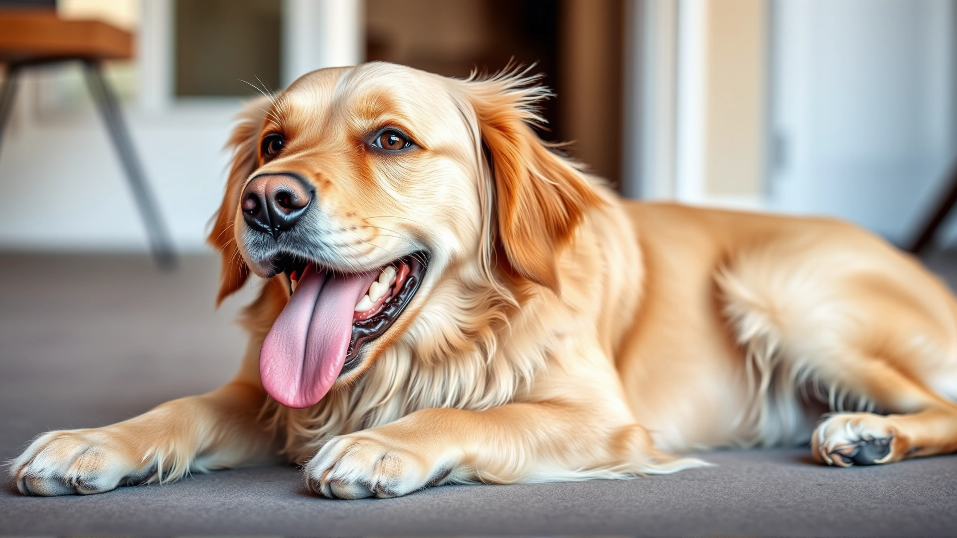 Medium shot of a golden retriever lying down and panting, saliva strands visible, background out of focus