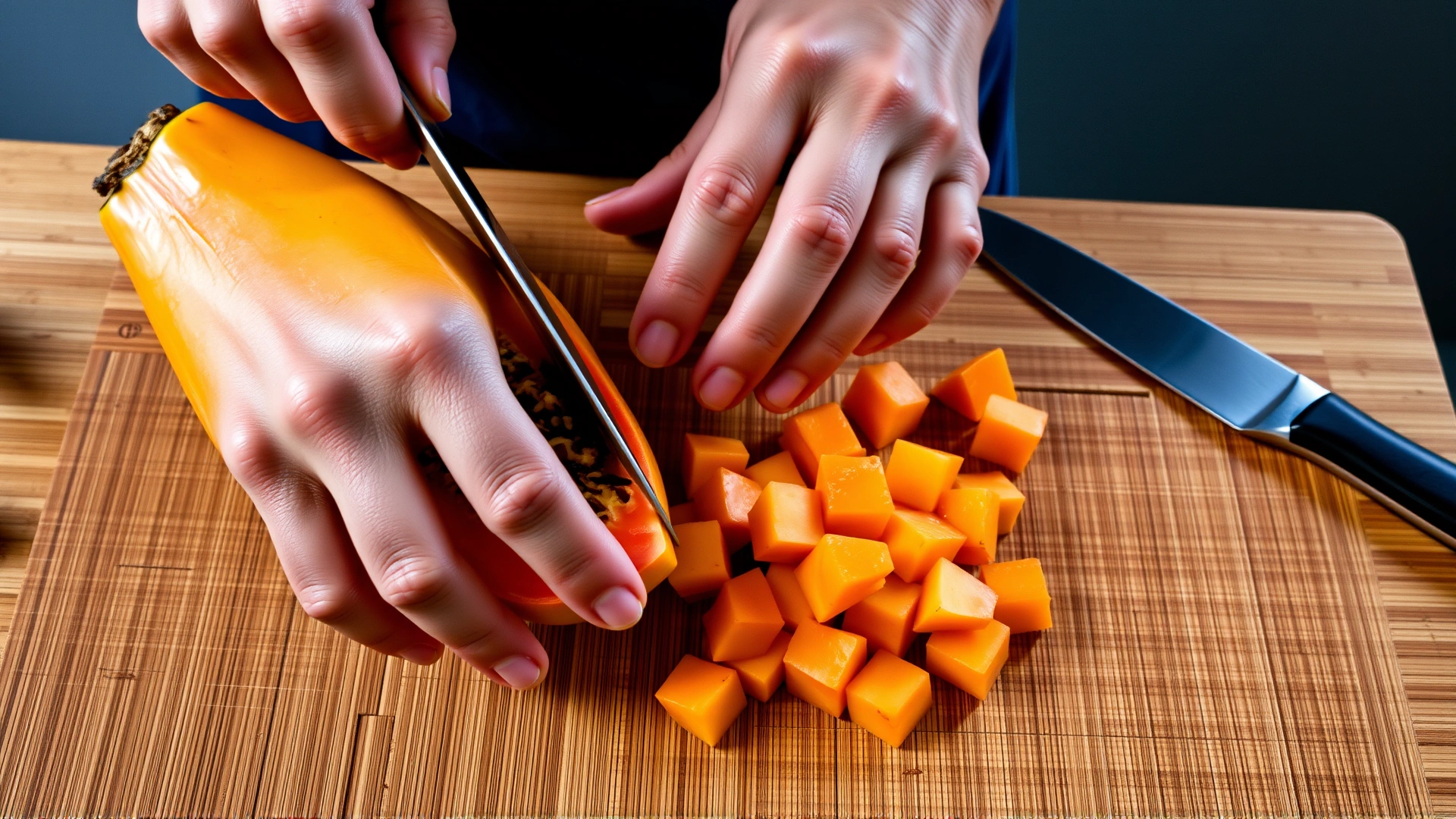 Hands peeling and cutting a ripe papaya into small dog-friendly cubes on a bamboo cutting board