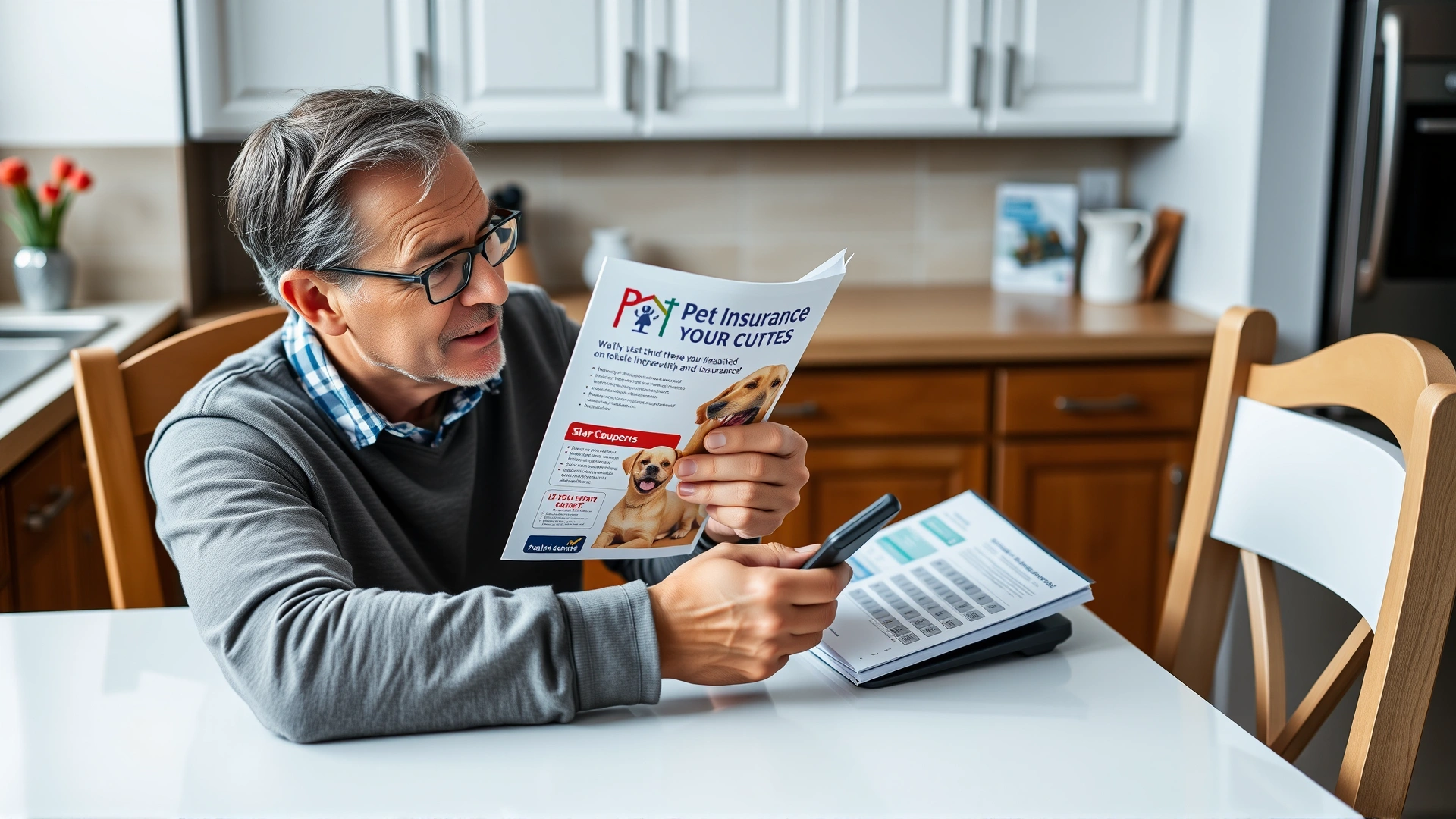Owner sitting at a kitchen table comparing pet insurance brochures and using a calculator, symbolizing plan comparison.