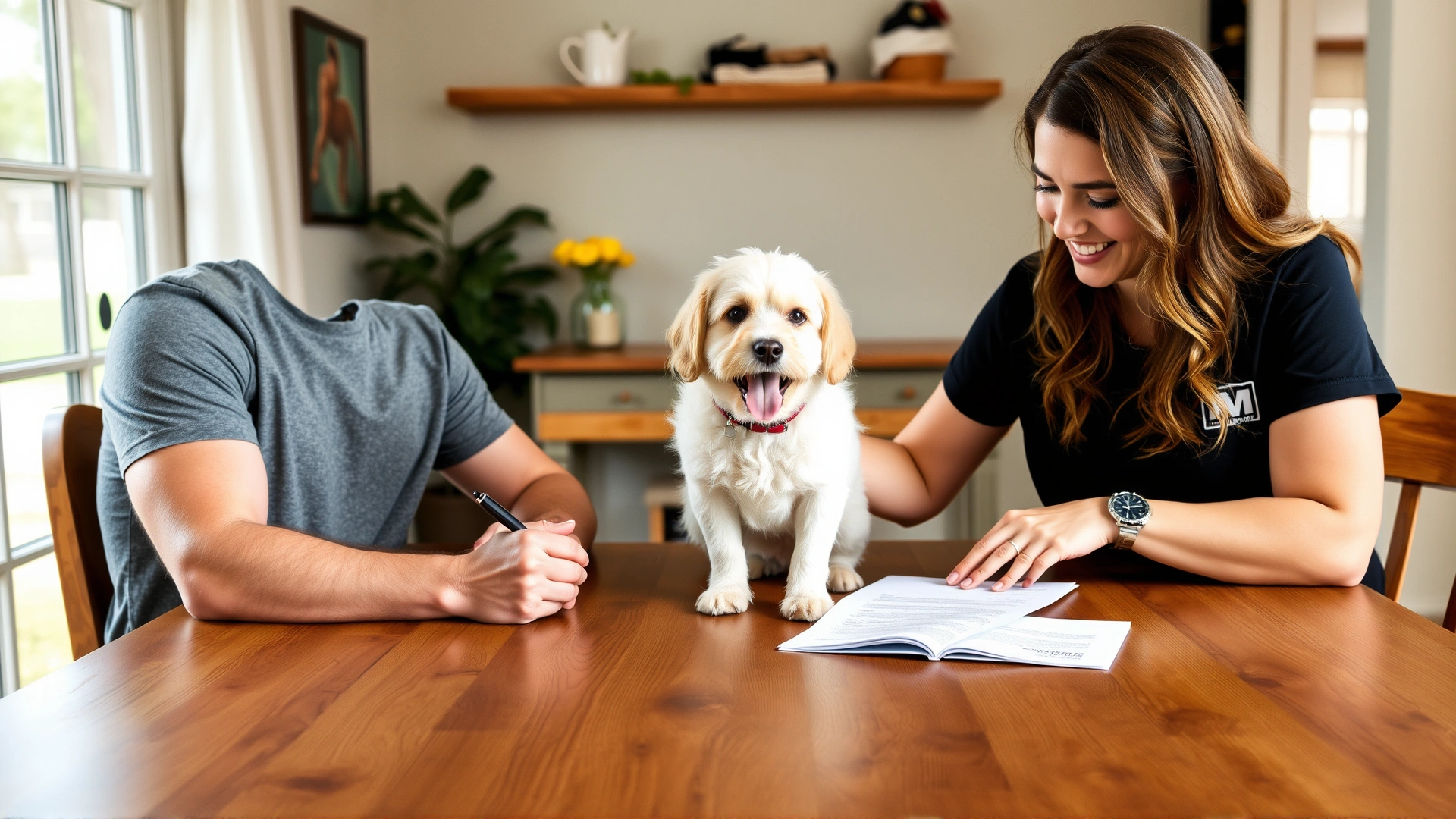 Pet owner signing a care agreement with a pet sitter at a wooden dining table, both smiling and engaged.