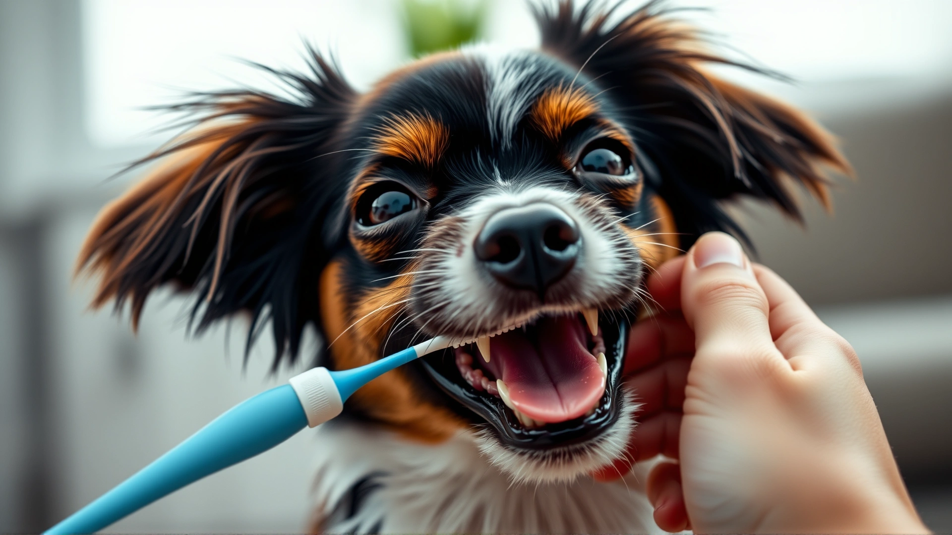 Close-up of a hand brushing a Papillon dog's teeth with a dog toothbrush, indoor setting, soft lighting, no text