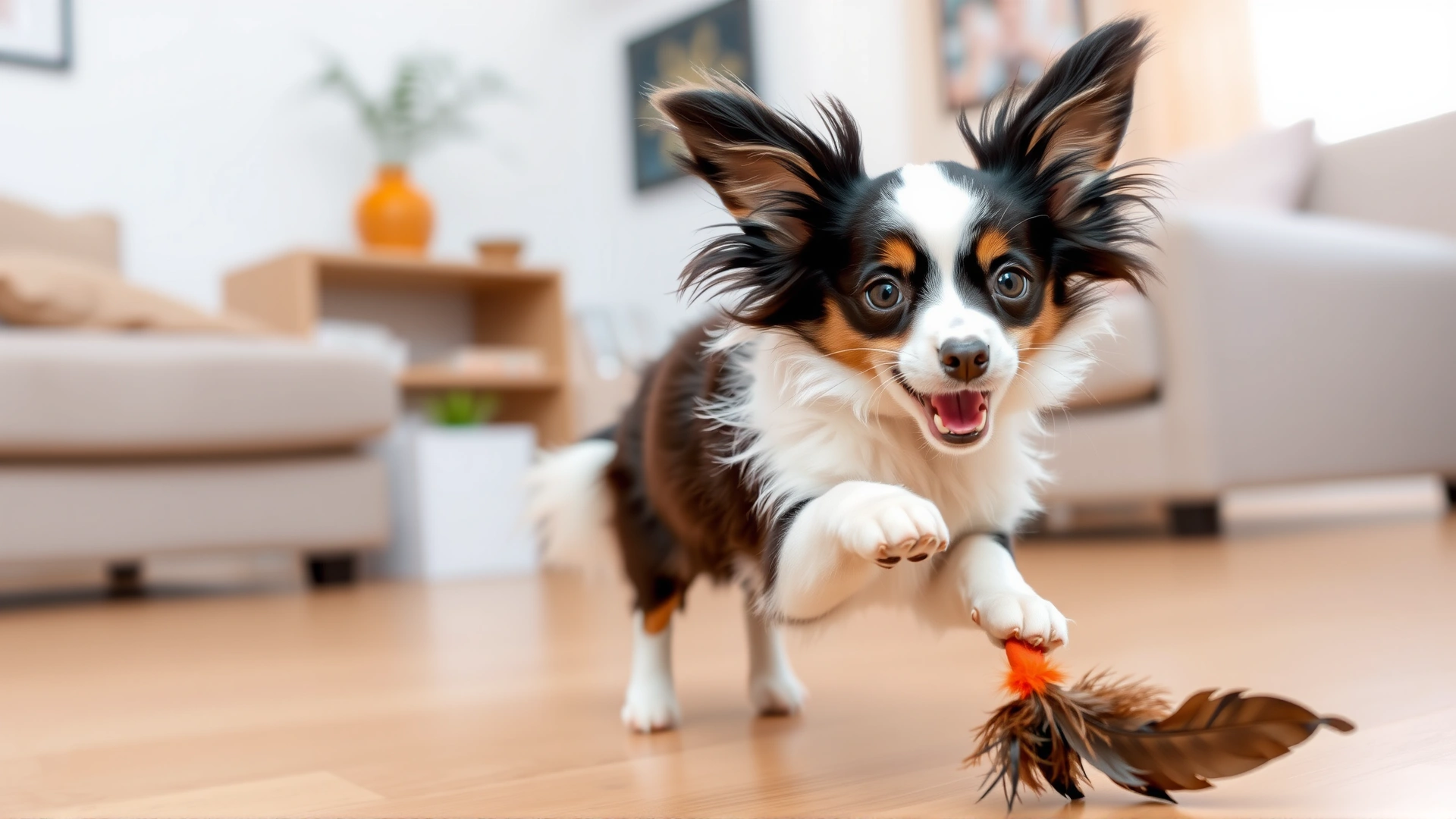 Playful Papillon chasing a feather toy in a living room, ears spread like butterfly wings.