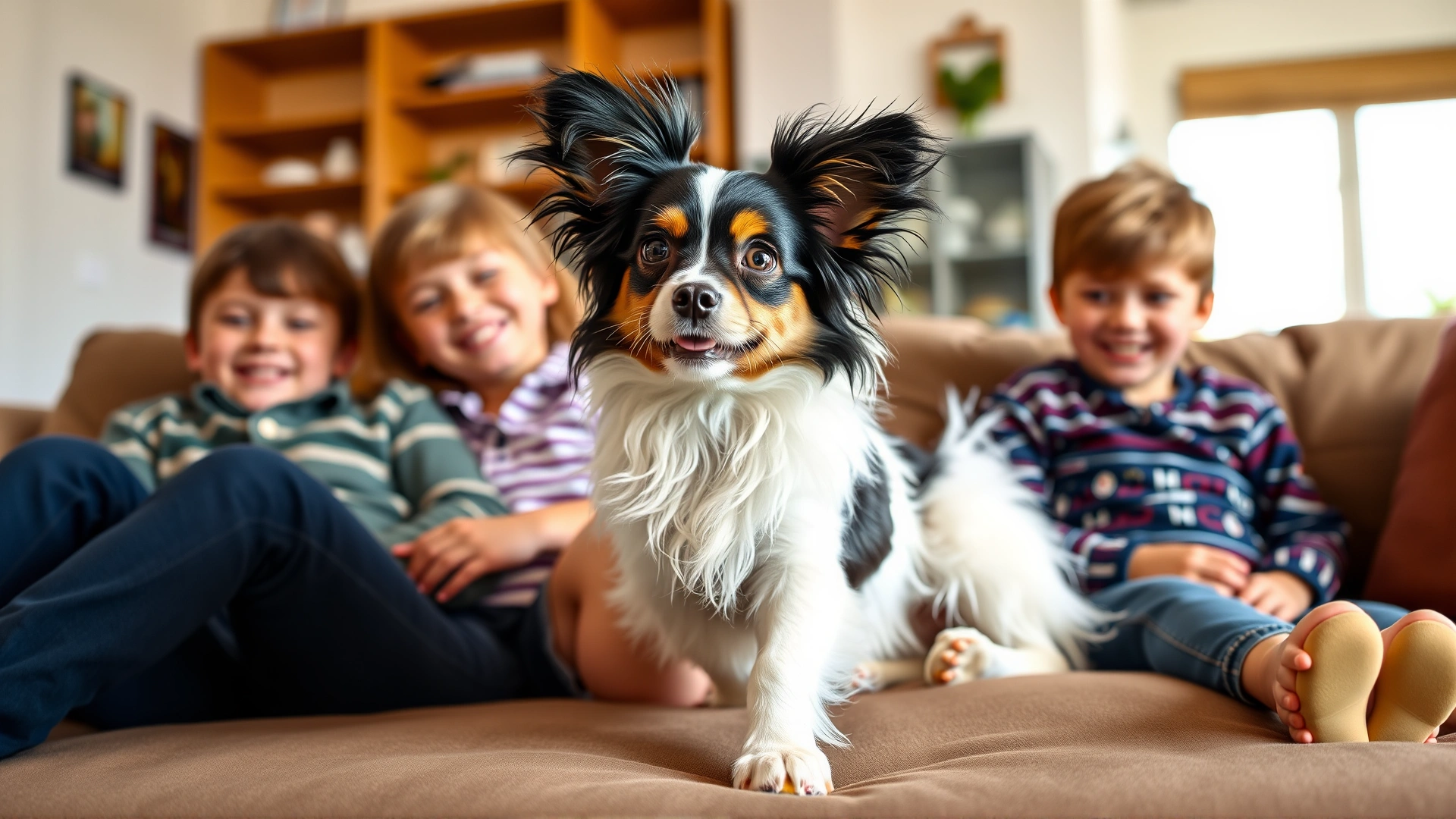 Papillon dog playing on a couch with two older children, happy family atmosphere, bright living room, no text