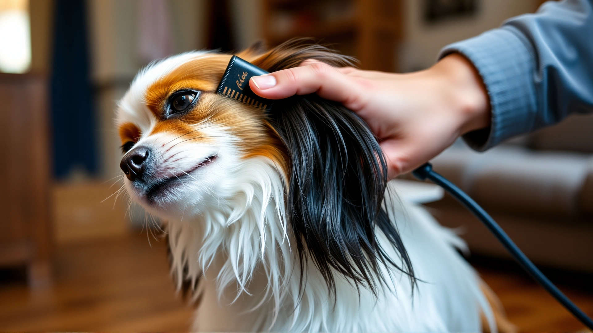 Human hand gently brushing a Papillon dog's silky coat indoors, demonstrating basic grooming, natural lighting, no text