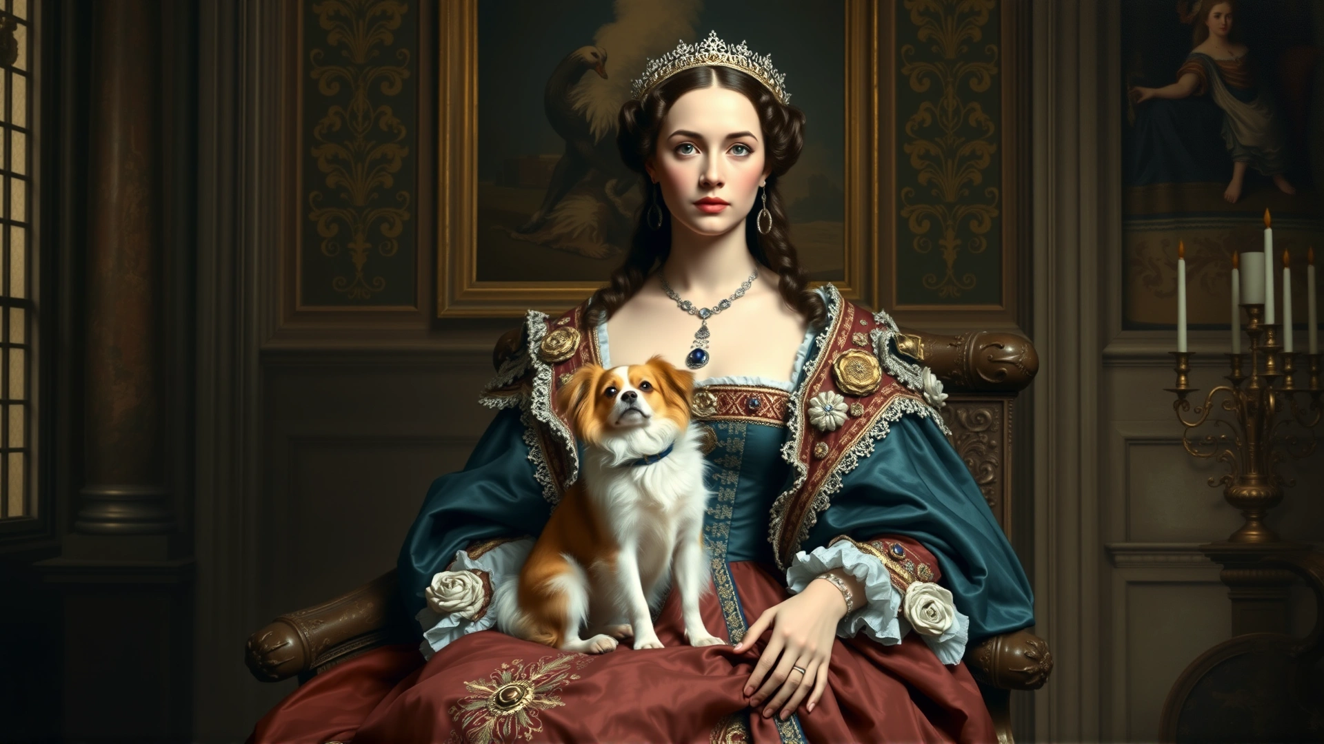 Renaissance-style painting of a European royal lady in ornate robe with a small Papillon dog sitting on her lap inside a palace, soft muted colors, no text