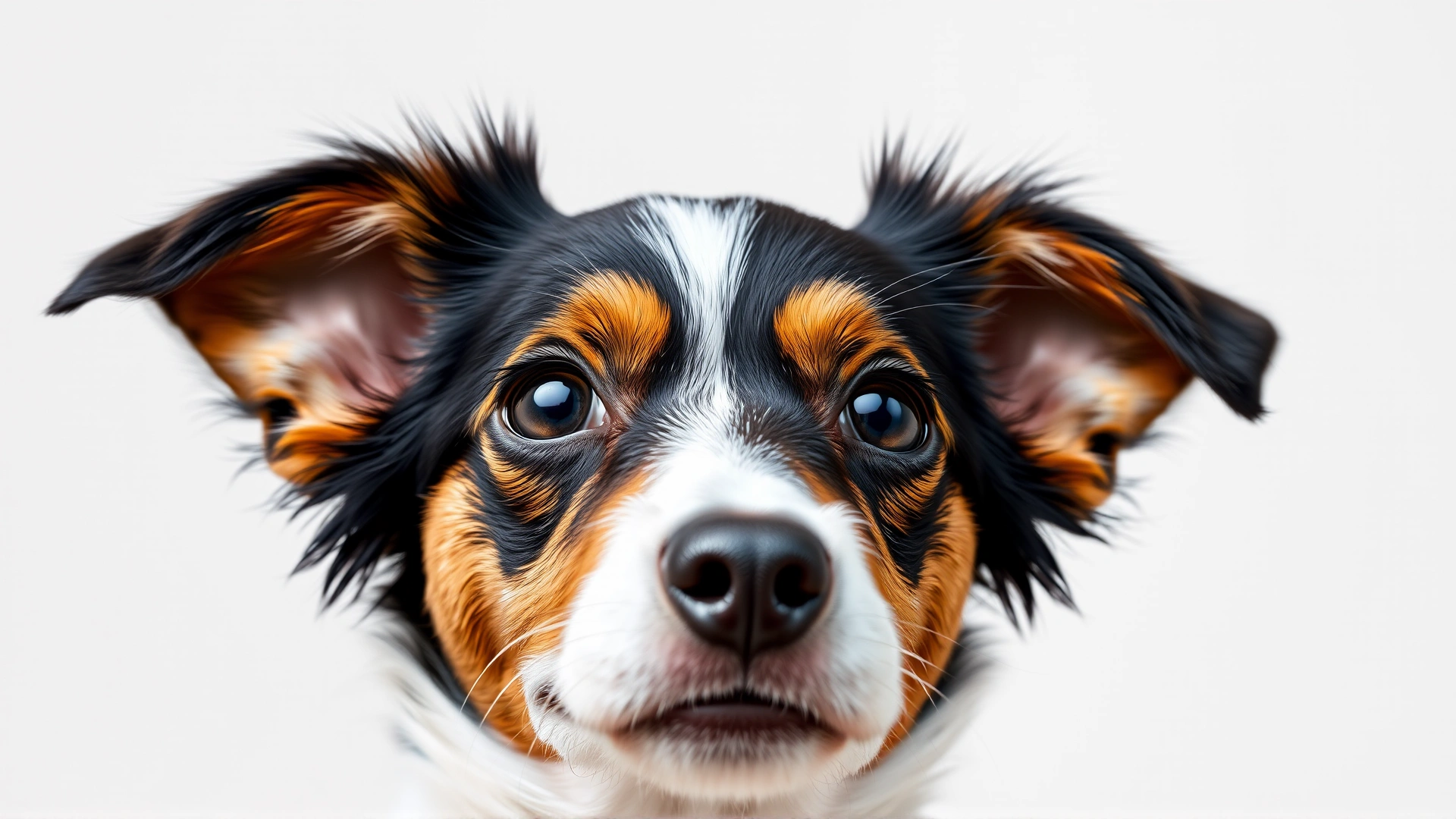 Close-up portrait of an adult Papillon dog looking at the camera with its signature butterfly ears, neutral background, high resolution, no text