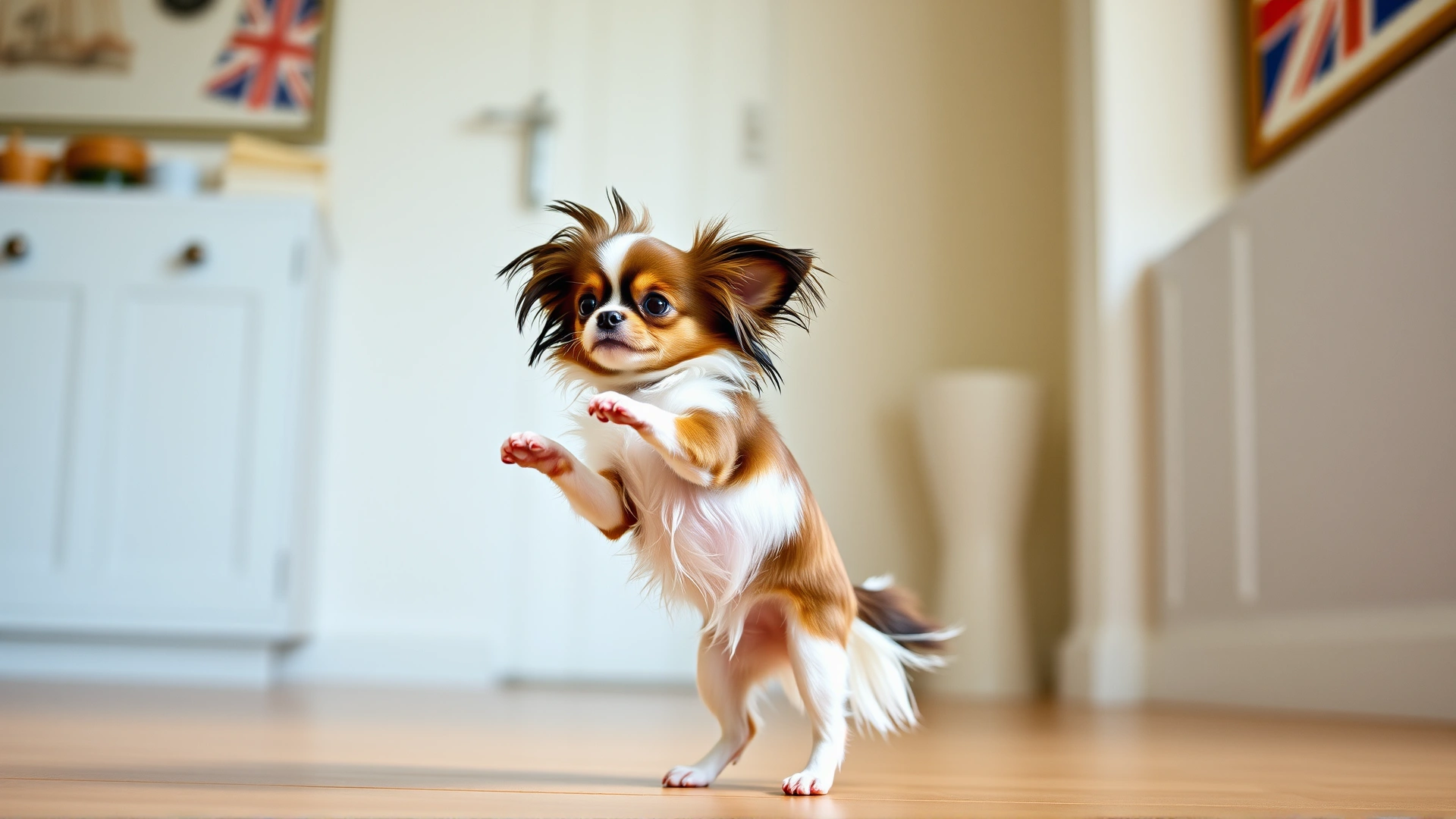 Tiny Papillon balancing on its hind legs during a trick session indoors.