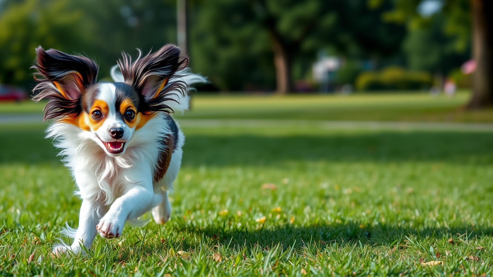 A playful Papillon running across a grassy park with its butterfly-like ears flared