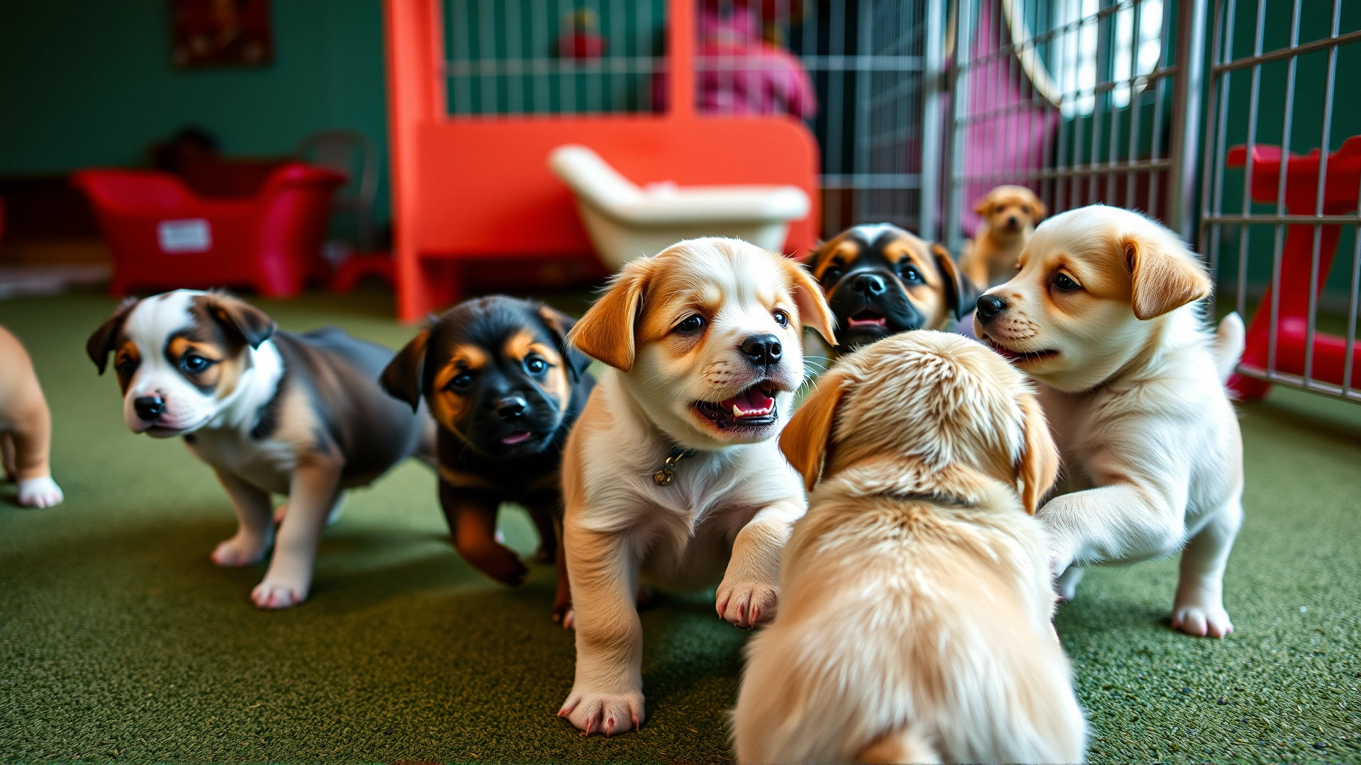 Group of puppies playing together in an indoor daycare setting, emphasizing contagion risk.