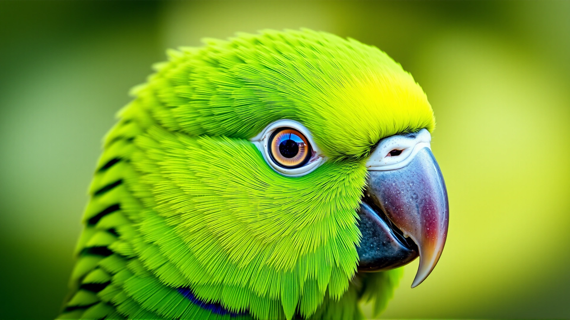 Close-up macro shot of a medium-sized parakeet’s head displaying vivid green feathers, bright eyes, and curved beak under natural light.