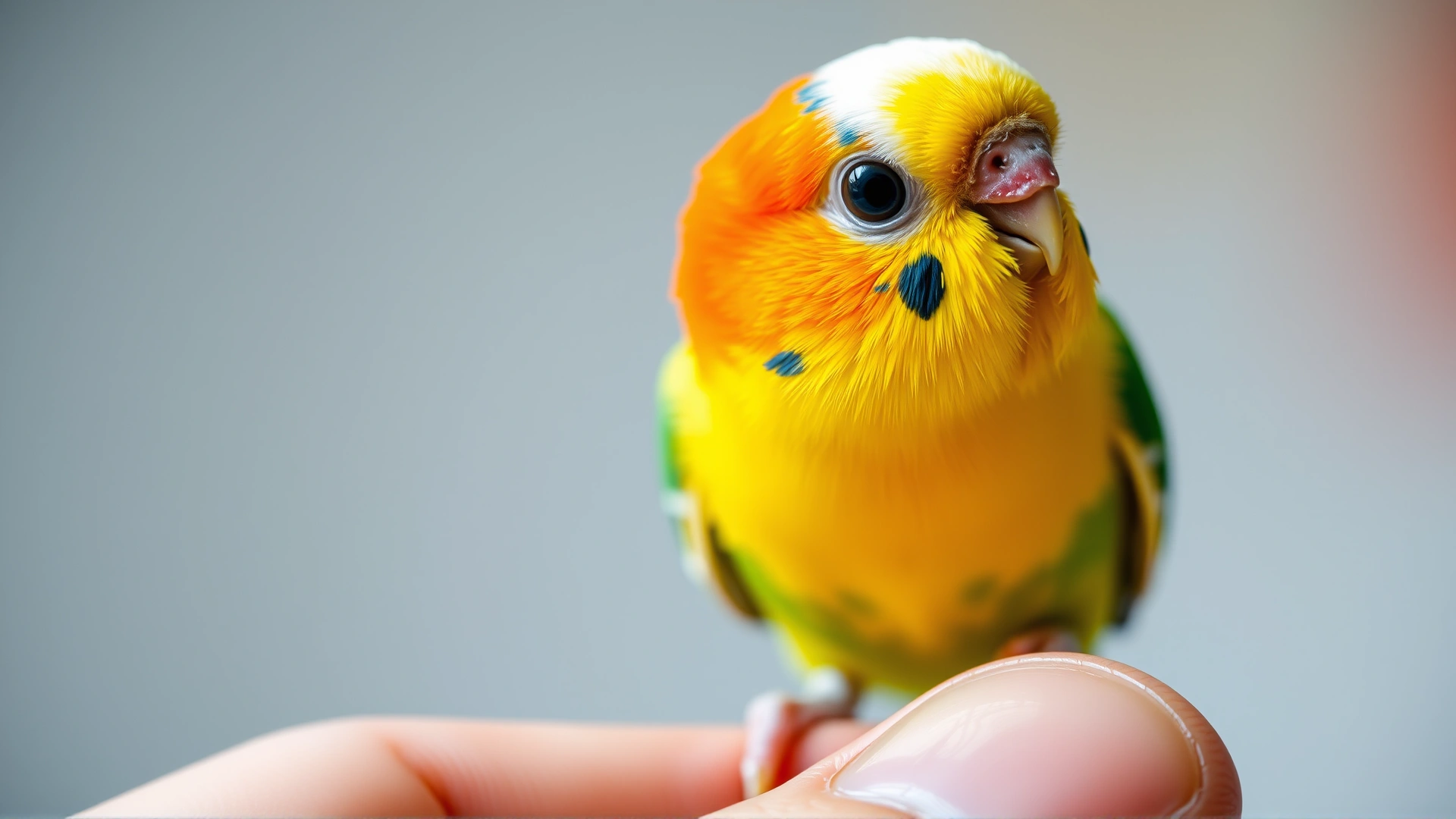 Close-up of a colorful budgerigar perched on a finger, looking curious, bright lighting, shallow depth of field