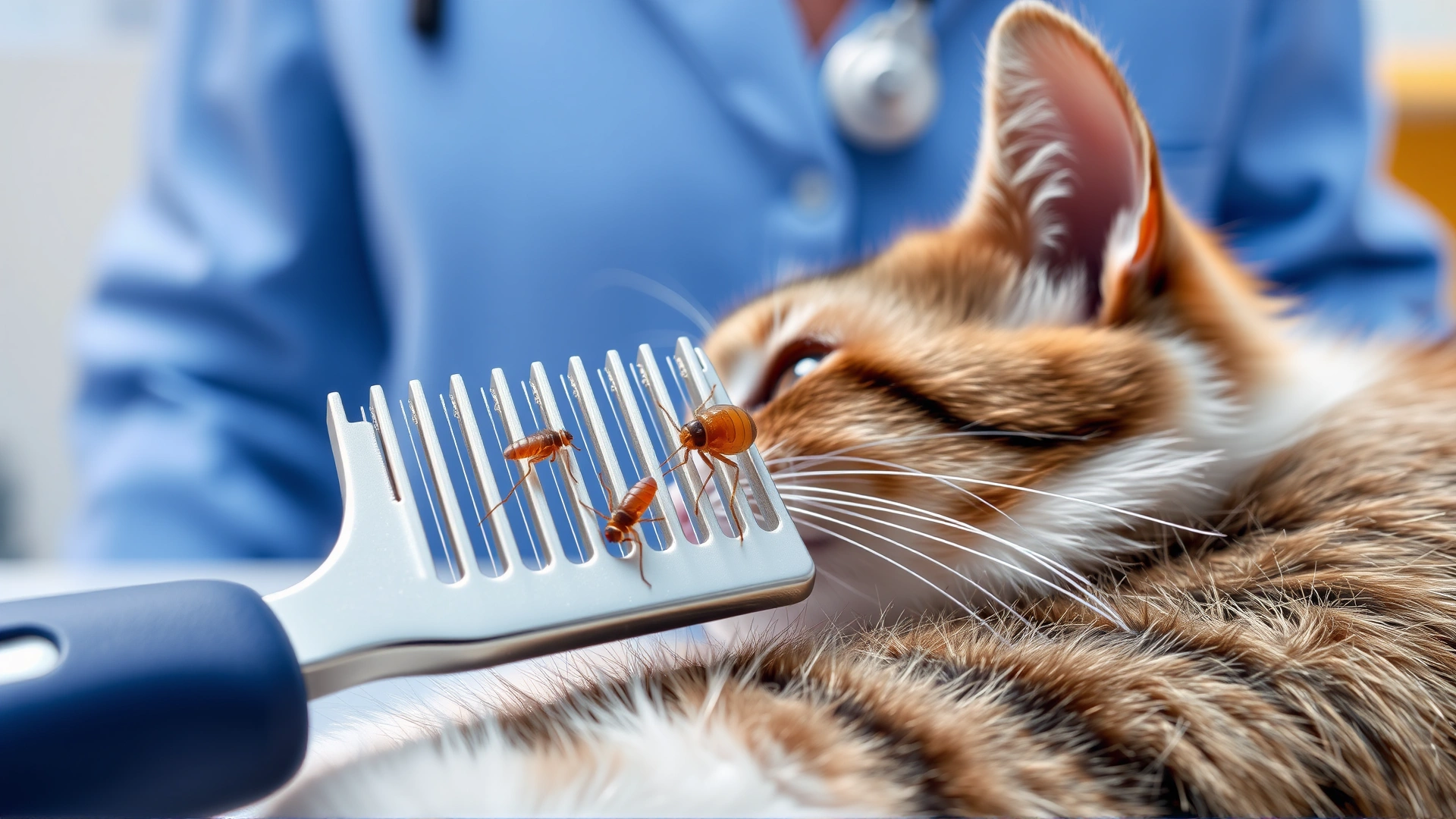 High-resolution shot of a flea comb with visible fleas next to a cat's fur; veterinary consultation table background.