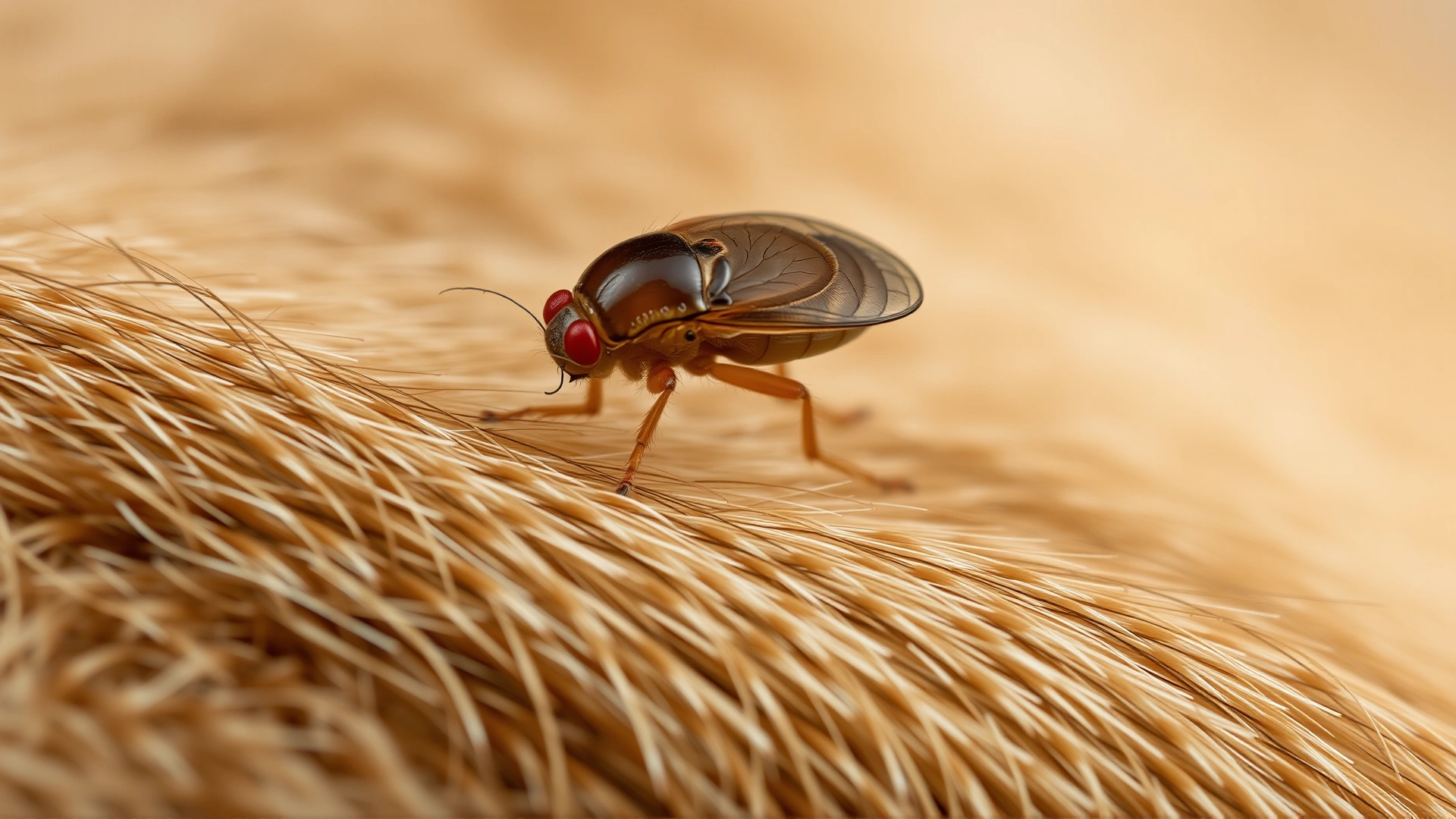 Macro photo of a flea on cat fur with high detail, neutral background, no text.