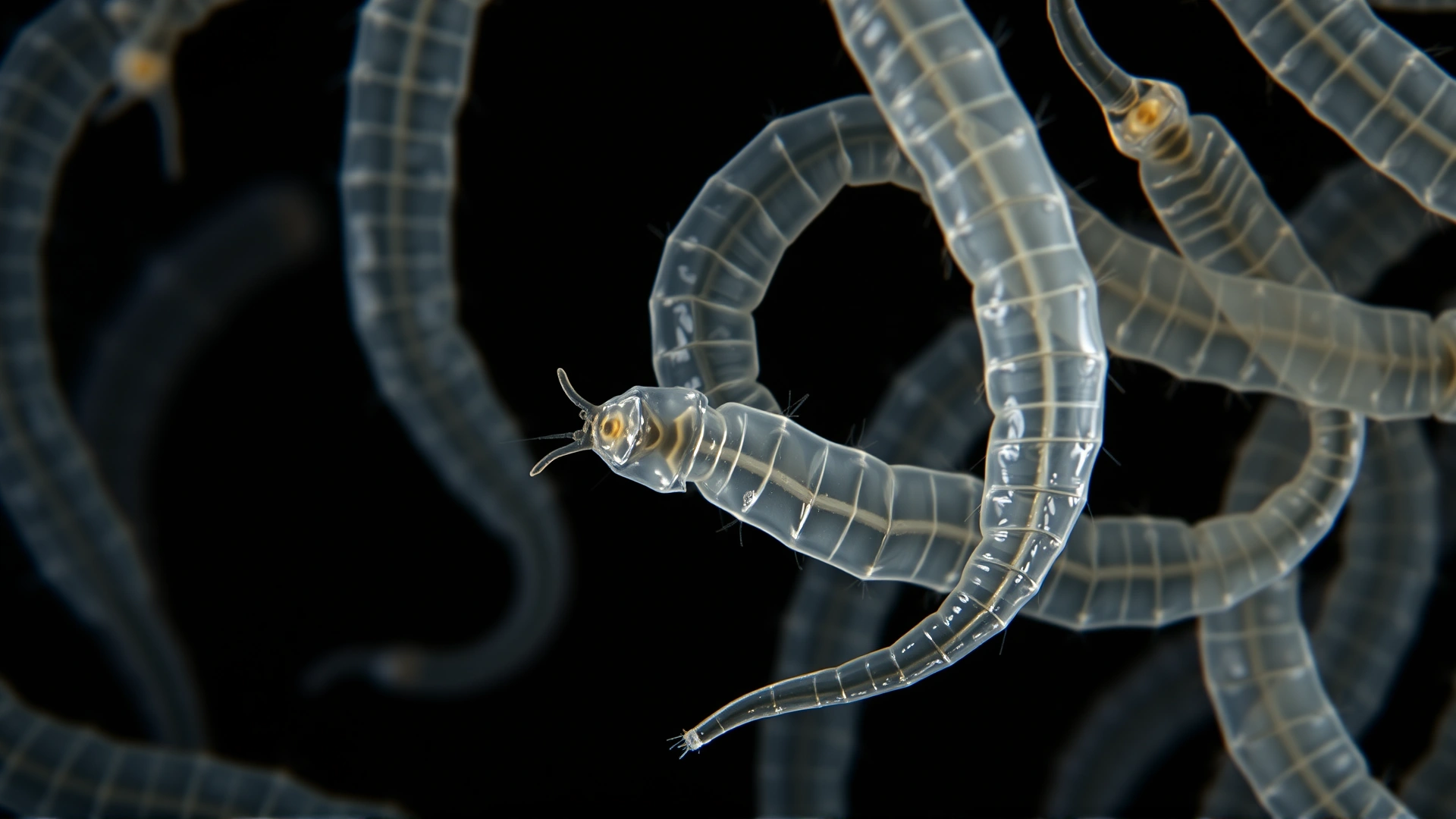 High-magnification microscope image of several translucent pinworms against a dark background, sharp detail, scientific photography style