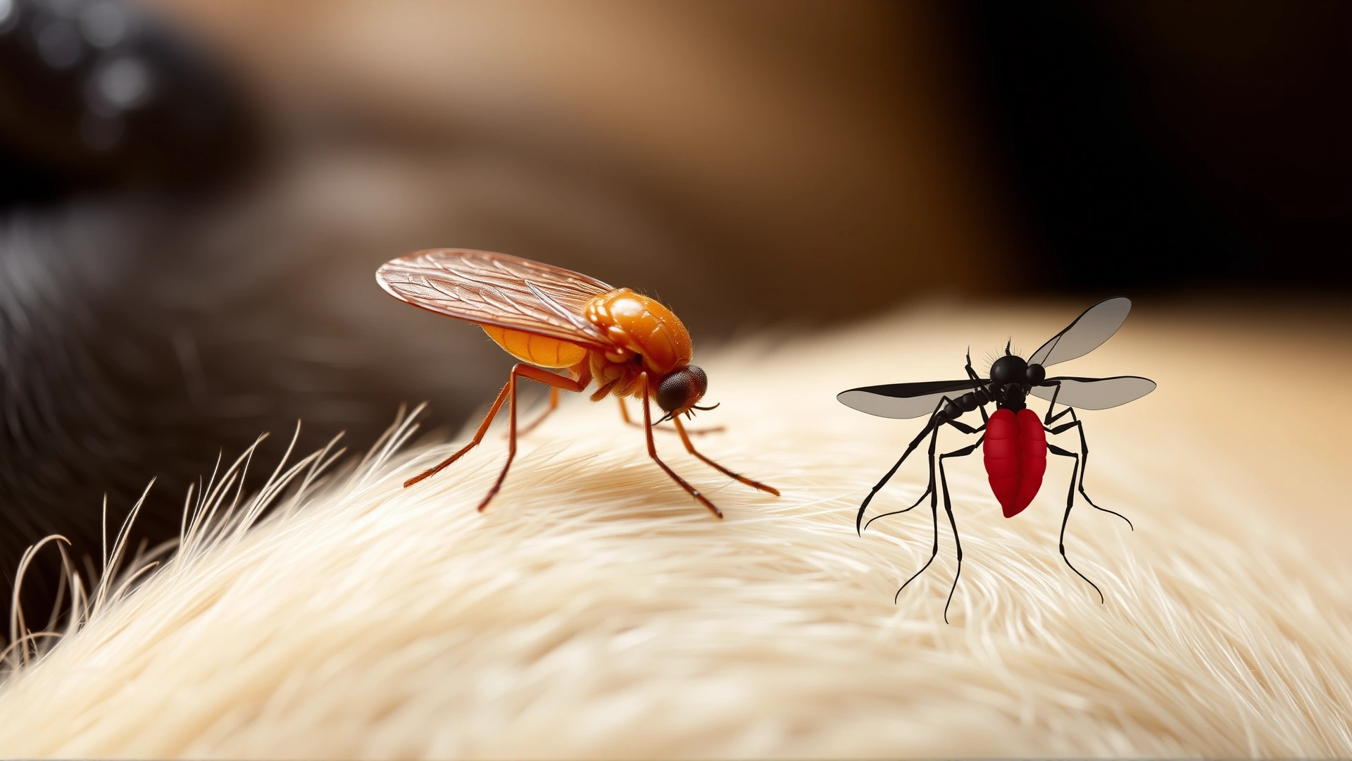 Conceptual composite image showing a detailed close-up of a flea on dog fur and a mosquito silhouette overlay with a stylized heartworm illustration, representing parasite threats to dogs.