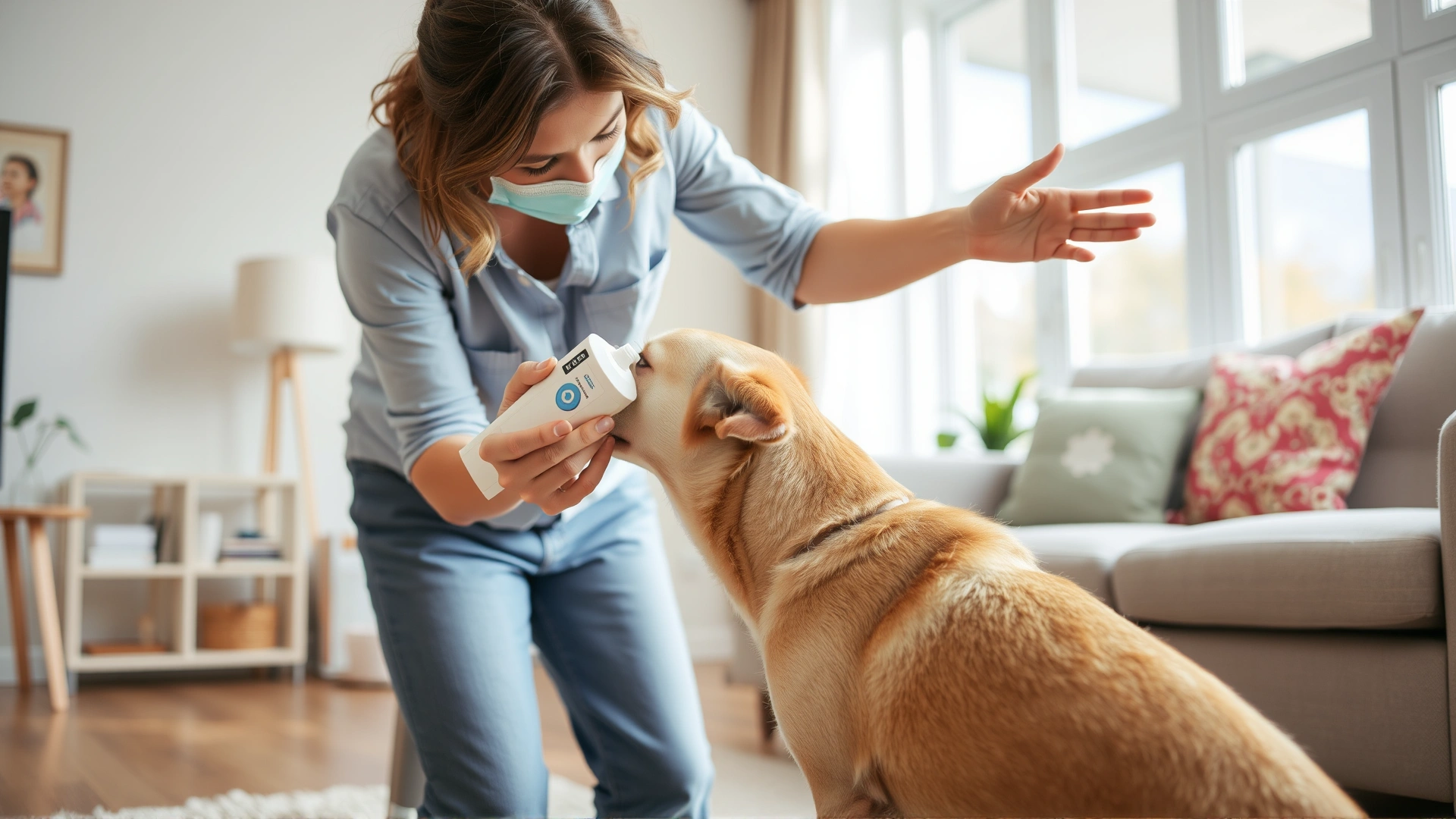 Pet parent applying a topical flea prevention treatment on a short-haired dog in a bright living room