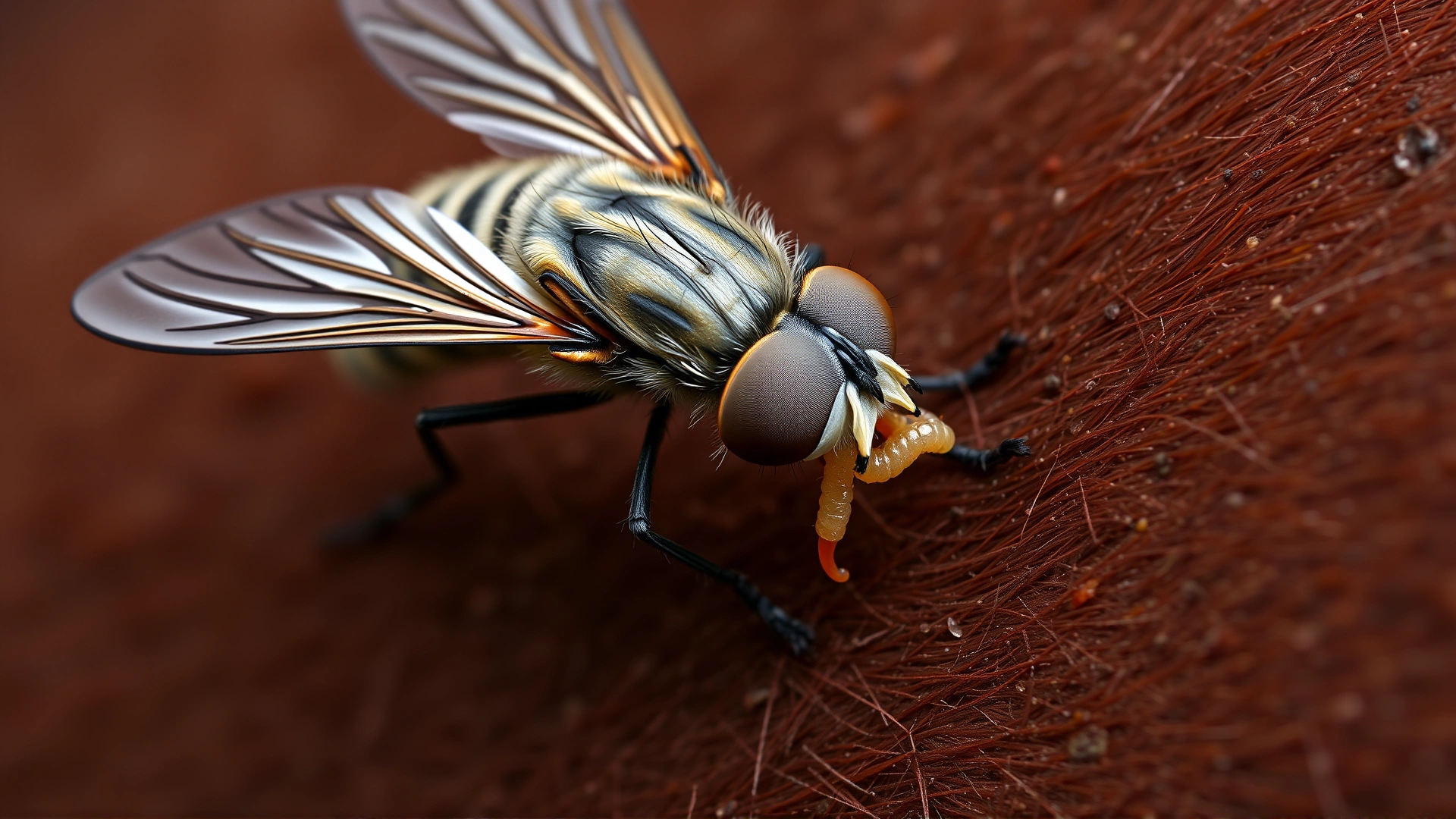 Illustrative macro photograph of a stable fly landing on a horse’s skin with tiny worm larvae on its mouthparts, high detail.