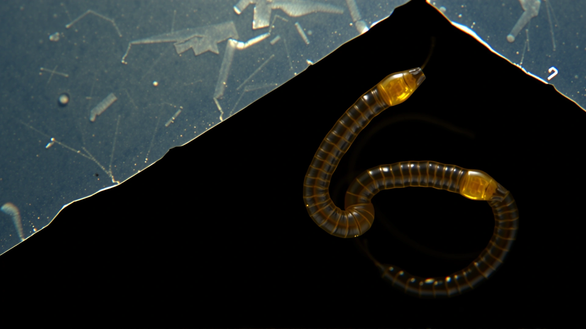 Microscopic view of Oxyuris equi pinworm eggs on clear adhesive tape with a black background