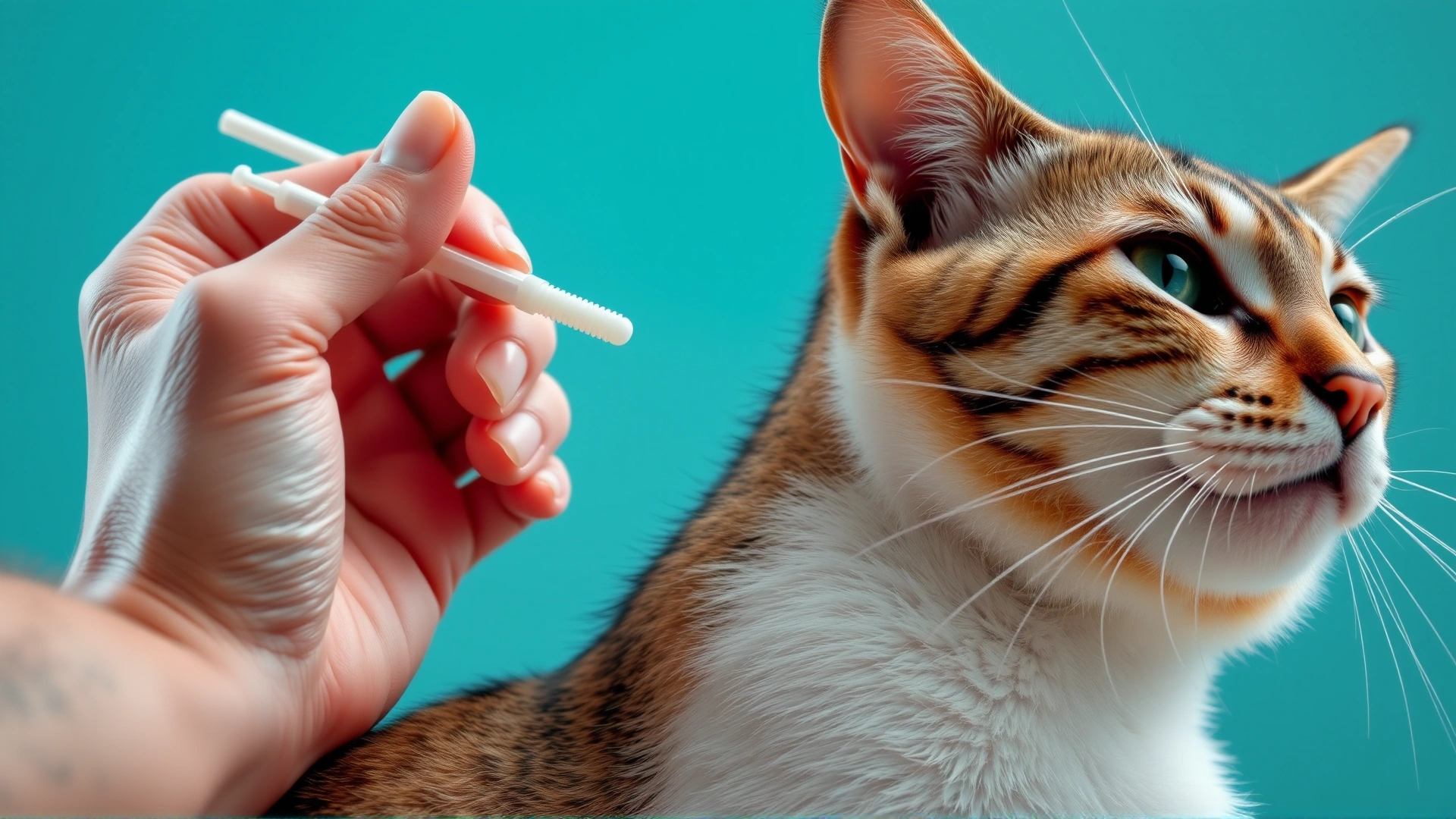 Close-up of a hand applying topical flea prevention treatment to the back of a calm cat’s neck.