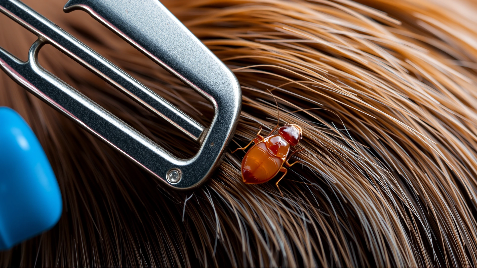 Macro shot of a flea comb pulling out a flea from a dog's fur, illustrating parasite prevention.