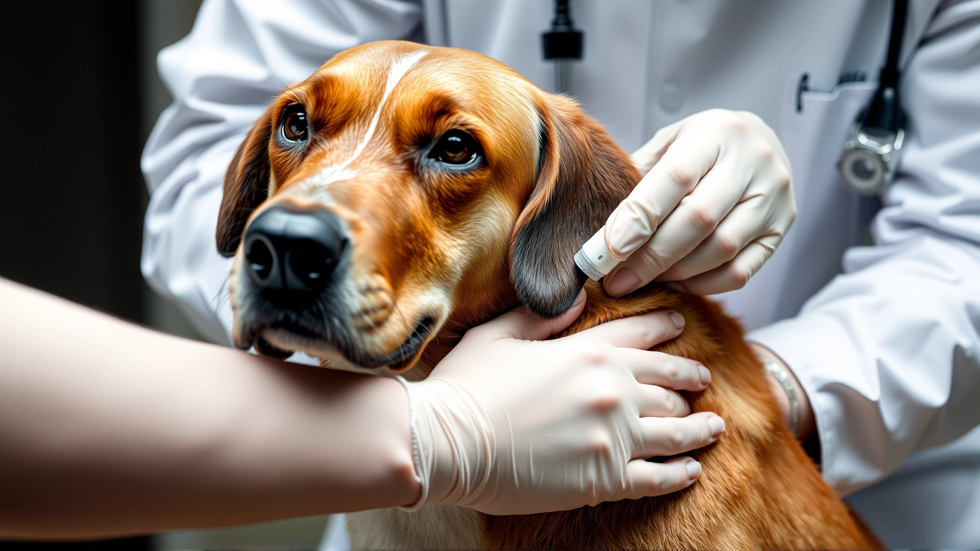 A veterinarian applying a spot-on parasite treatment between a dog’s shoulder blades.