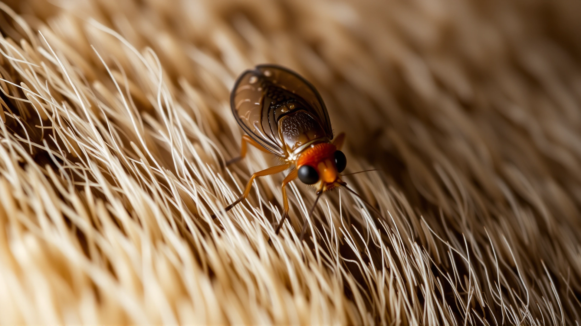 Macro photograph of a flea on cat fur, showcasing detailed texture of the insect and hair strands, high resolution, natural lighting.