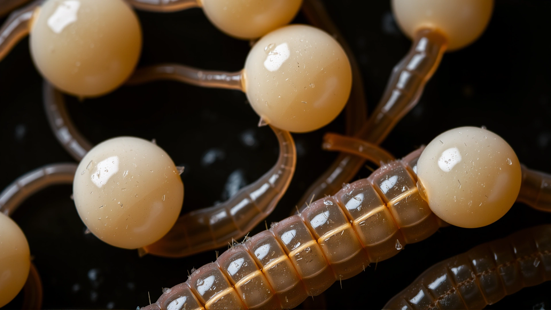 Microscopic close-up of roundworm eggs on dark background, high detail, no text