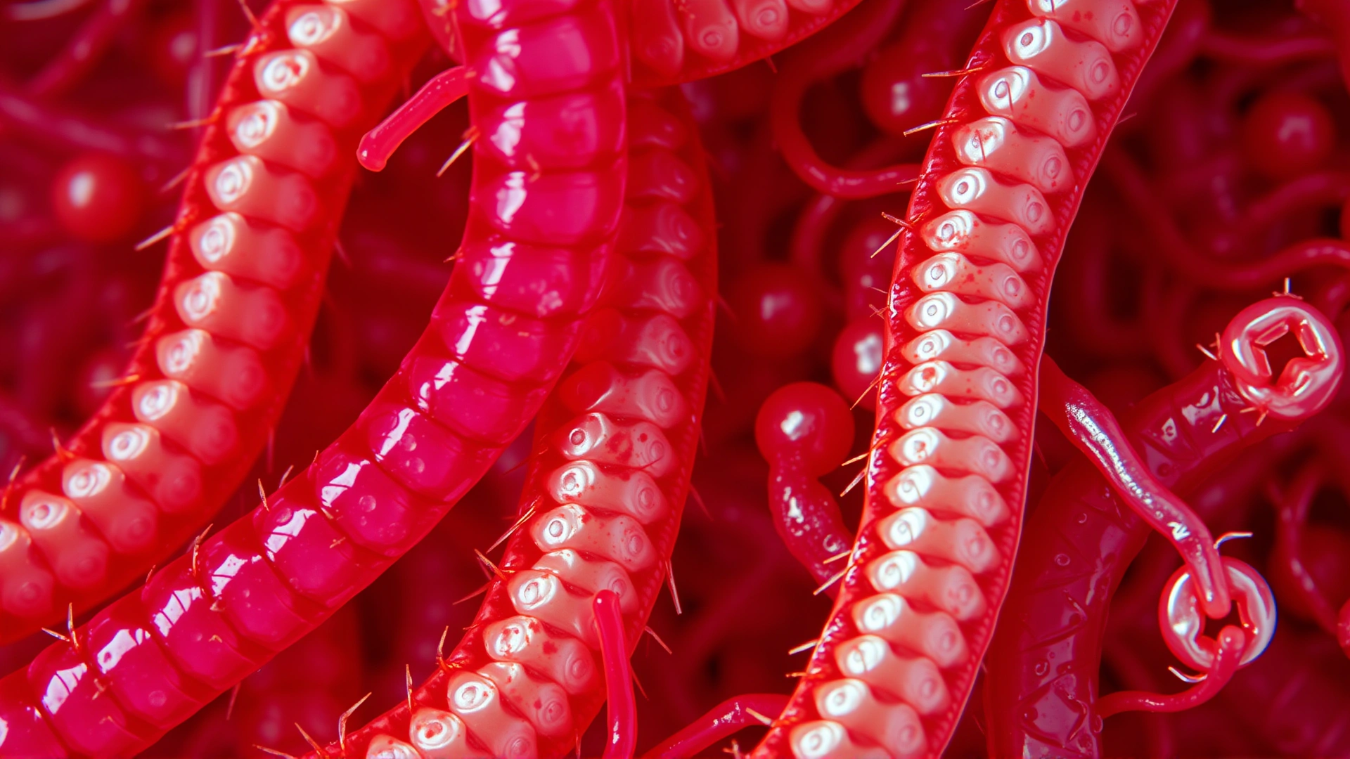 Microscopic close-up of roundworms and hookworms under bright field microscope, high detail, vivid colors, no labels or text.