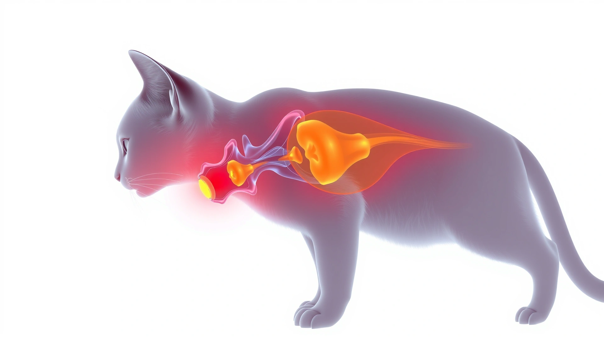 Medical style illustration of a cat silhouette with highlighted thyroid and parathyroid glands in vibrant colors, on white background.