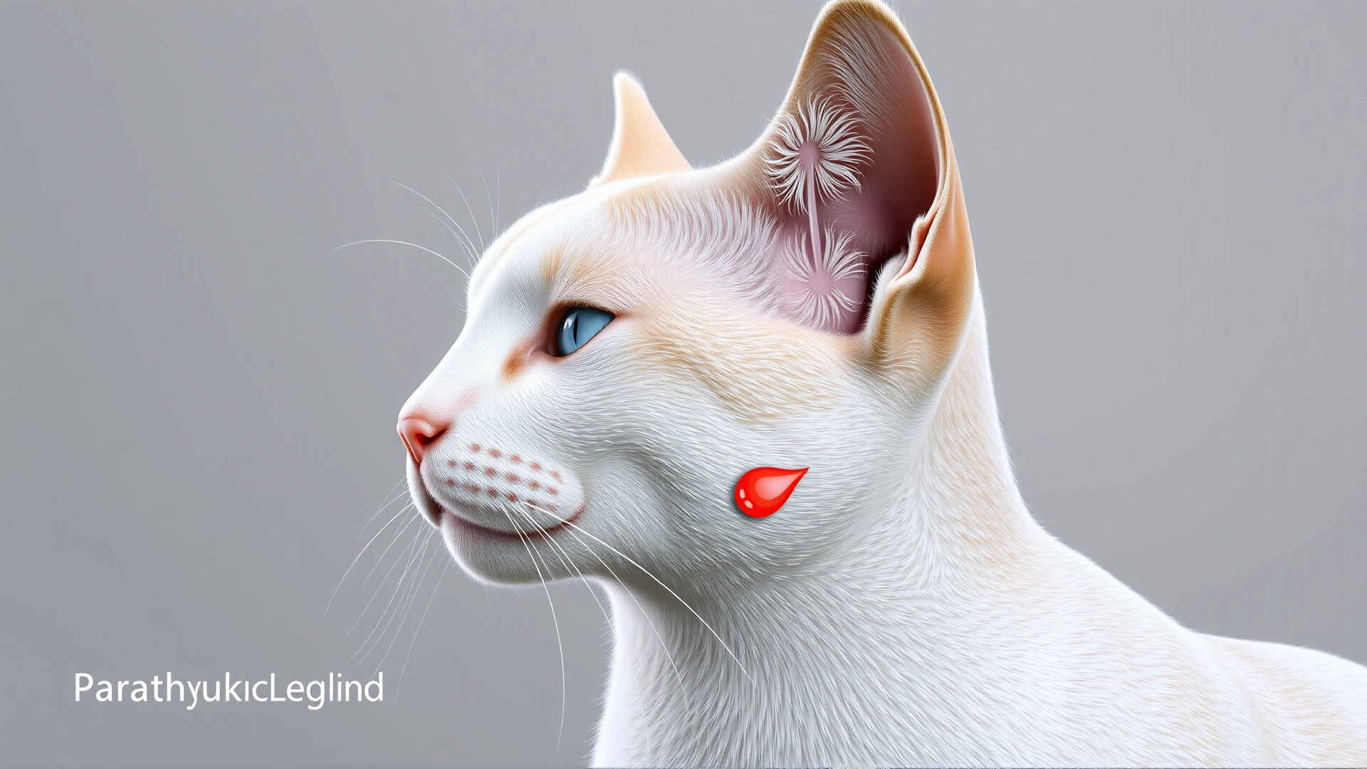 High-quality 3D realistic medical illustration of a cat's head and neck showing the approximate location of the parathyroid glands, no labels or text, neutral background.