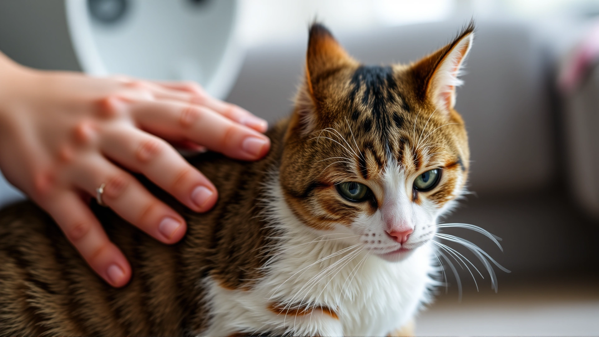 Close-up of a parent guiding a toddler to softly touch a cat’s back, showing the parent’s hand over the child’s; indoor setting; no text