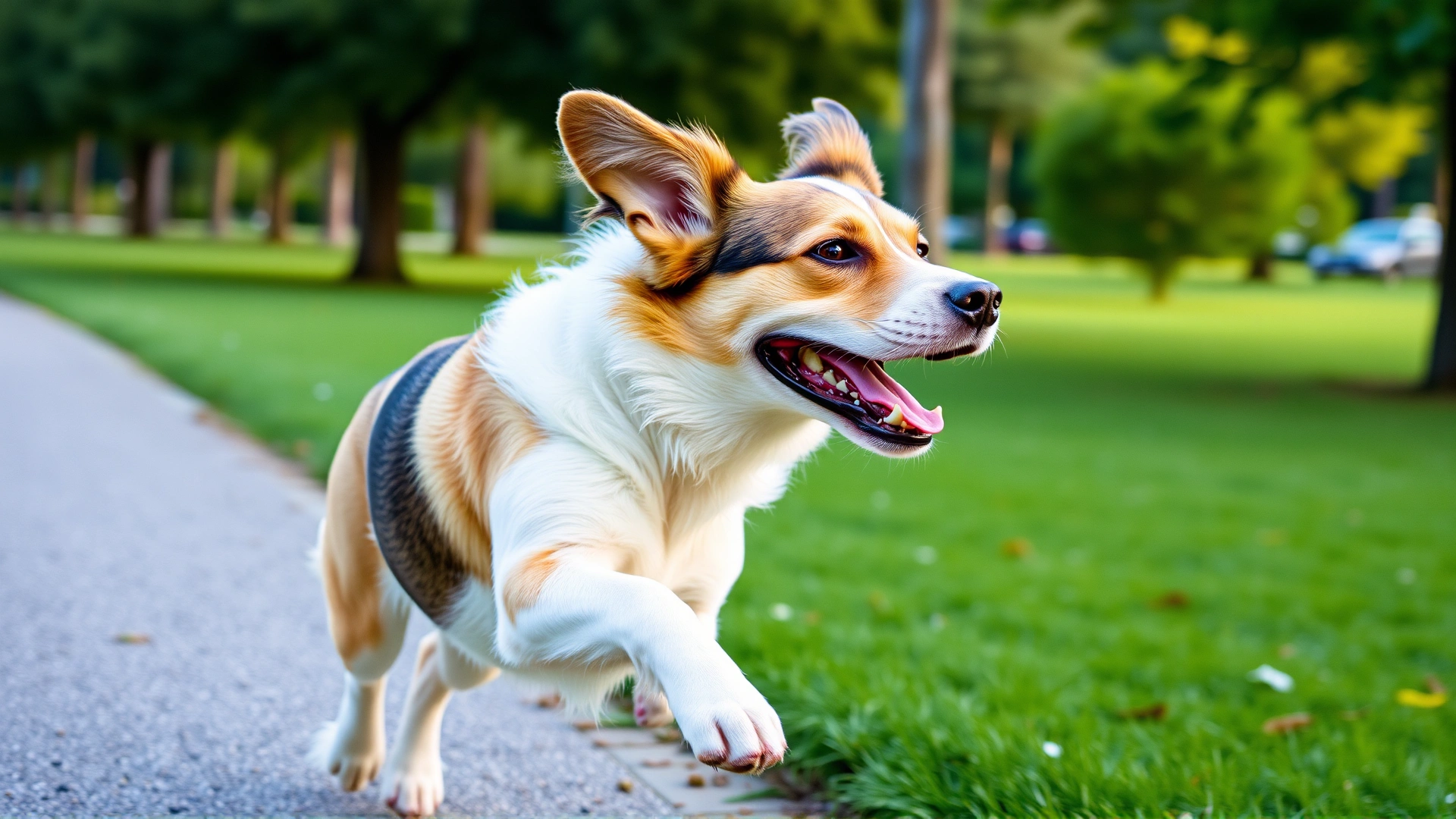 Dog running freely in an open green park with ears flapping and happy expression, representing freedom as a reward