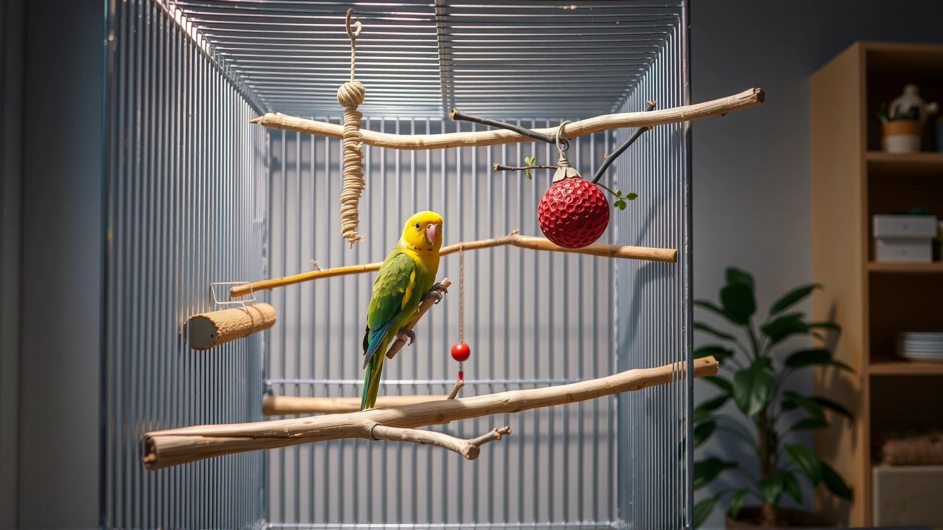 Modern spacious bird cage setup for a parrotlet, featuring natural perches, hanging toys, and fresh branches, photographed in a well-lit home environment