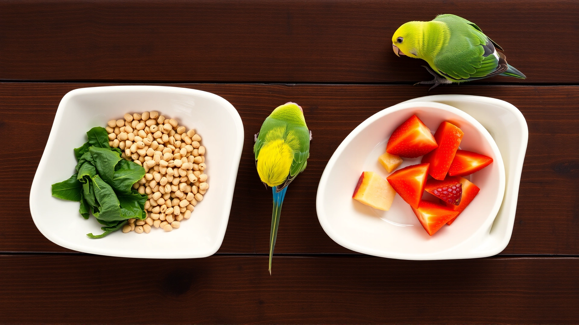 Top-down view of a balanced parrotlet meal: pellets, leafy greens, and a few fruit pieces arranged neatly in small ceramic dishes on a wooden table