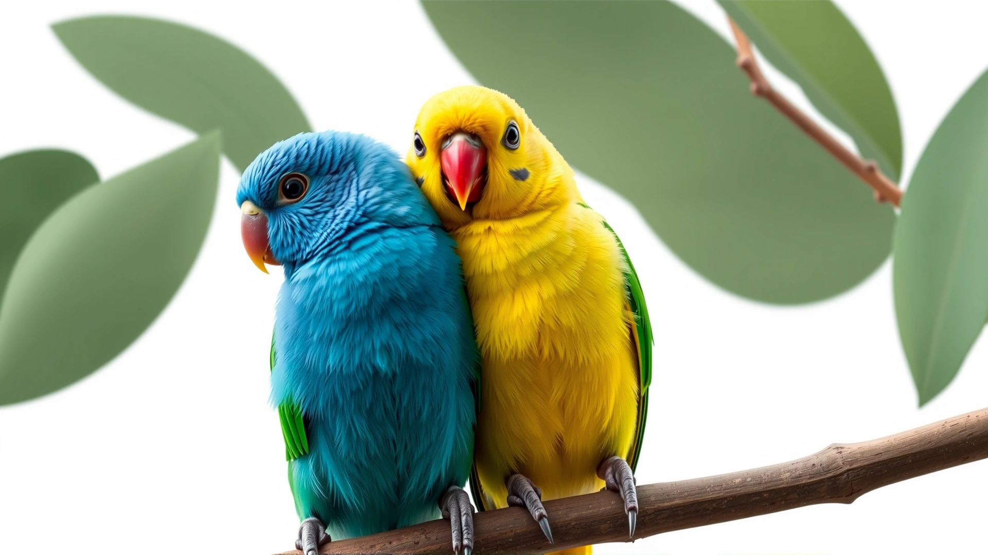 Collage-style image showing three different parrotlet color mutations (green, blue, and yellow) perched side by side on a neutral branch, seamless white background