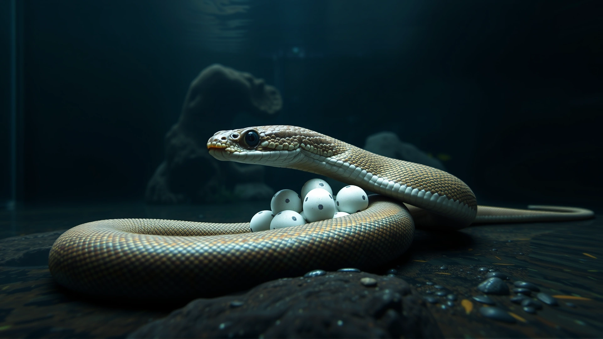 Wide shot of a solitary female anaconda in a calm aquarium environment, coiled protectively around a cluster of eggs to illustrate parthenogenesis.