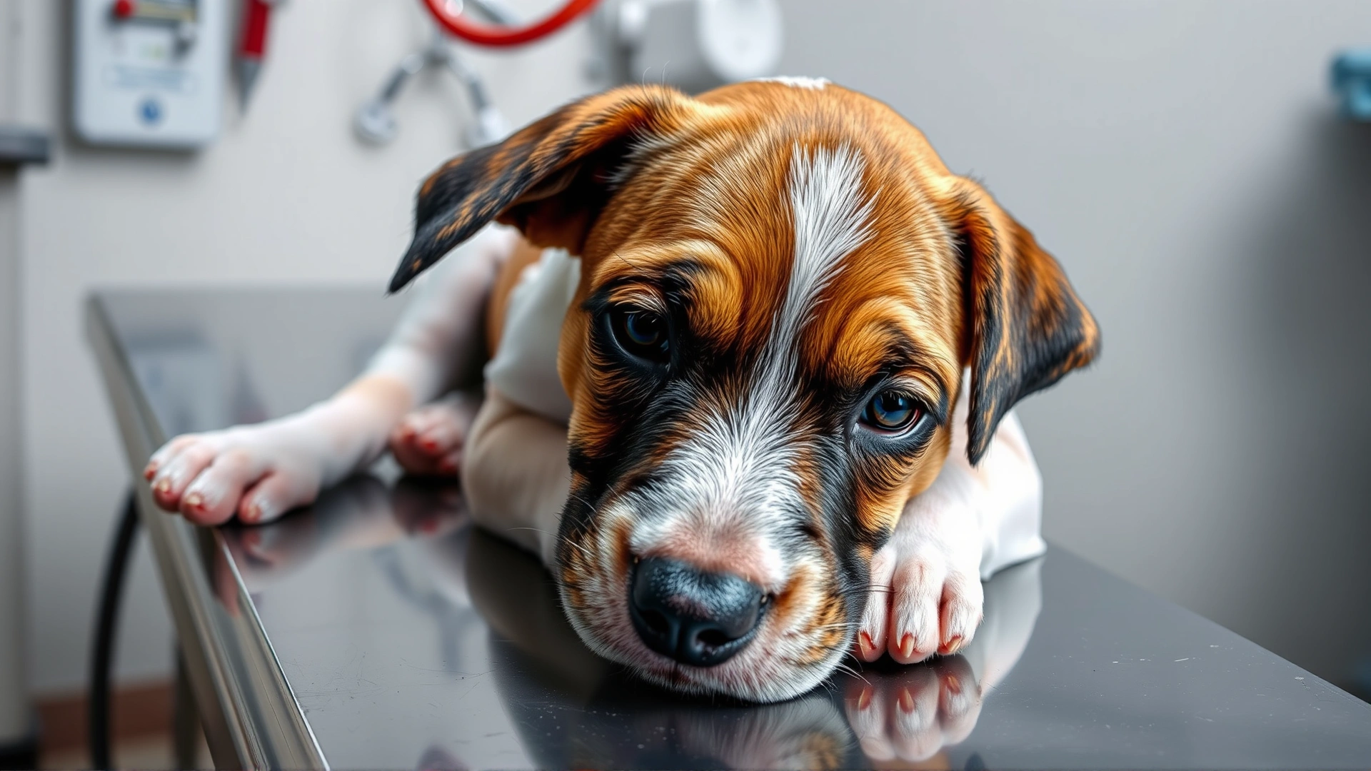 Close-up of a sad puppy lying on a veterinary exam table, looking weak, representing the seriousness of parvovirus infection.