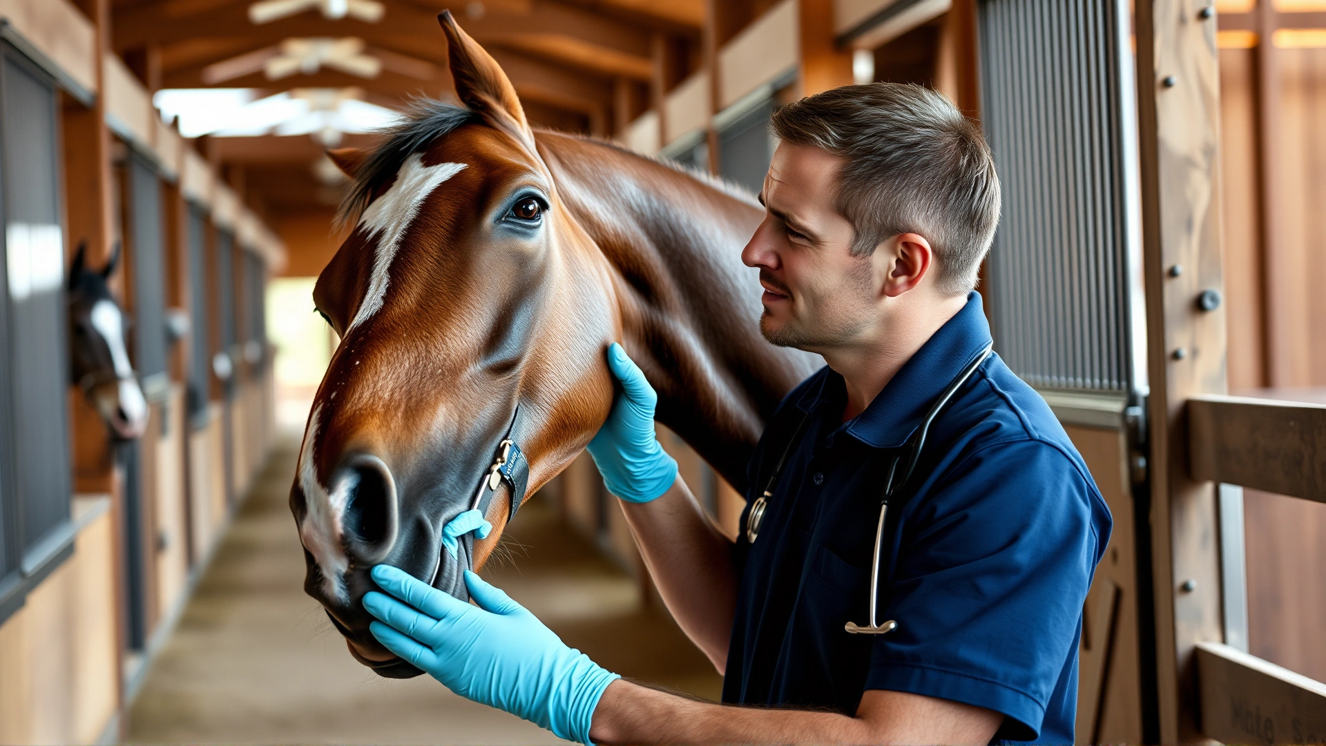 Veterinarian wearing navy polo shirt administering oral electrolyte paste to calm horse in a barn aisle