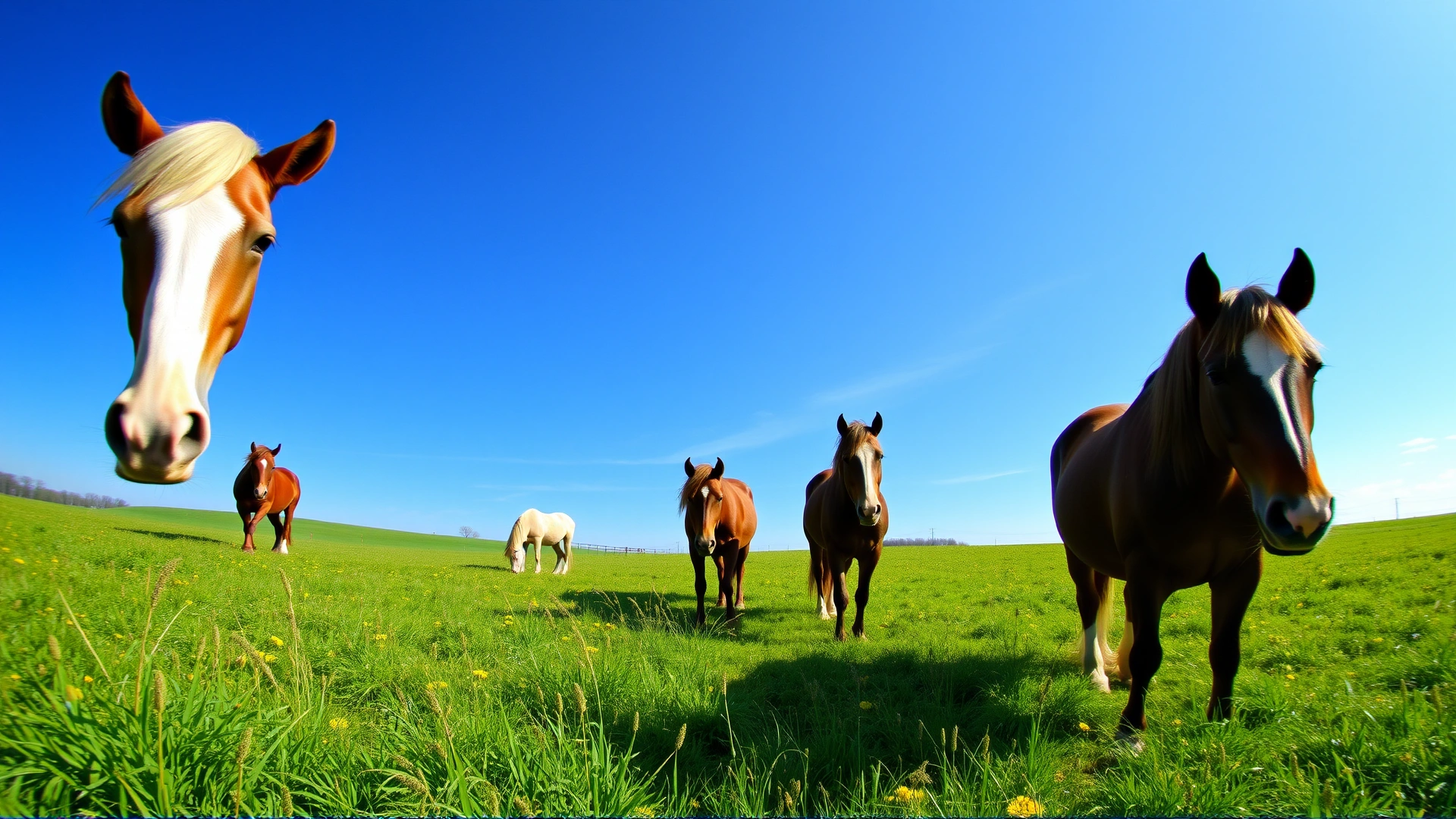 Wide shot of several horses grazing peacefully in a lush green pasture during spring time under blue sky, high resolution, vibrant colors