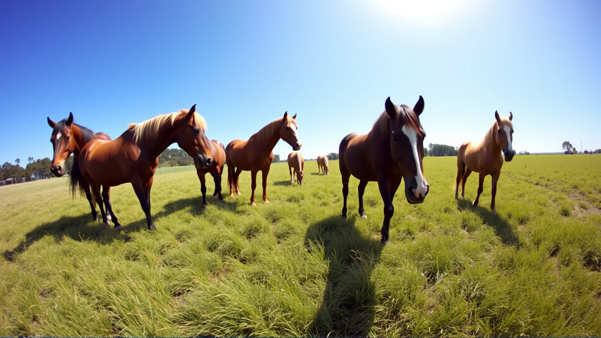Wide-angle shot of several horses grazing peacefully in a lush green pasture under a bright blue sky.