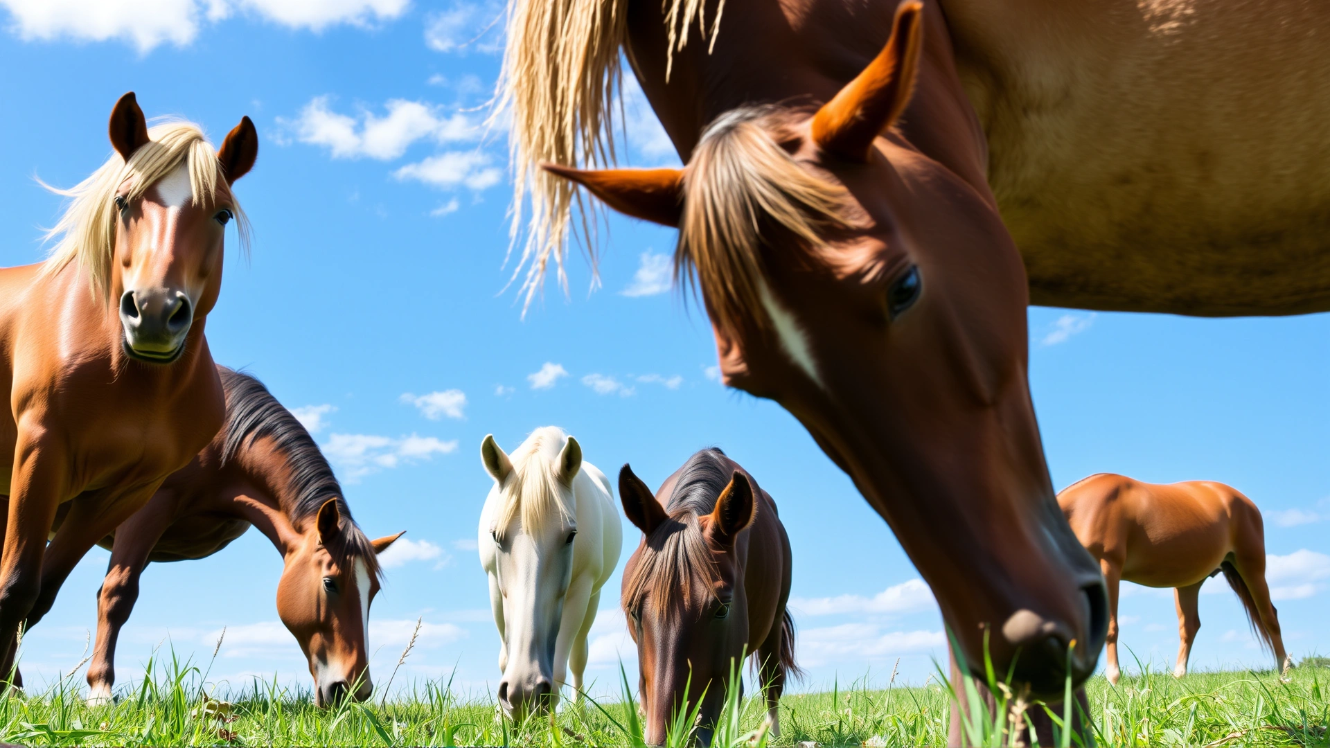 Several horses peacefully grazing in a lush green pasture under a blue sky, symbolizing daily feeding and care.