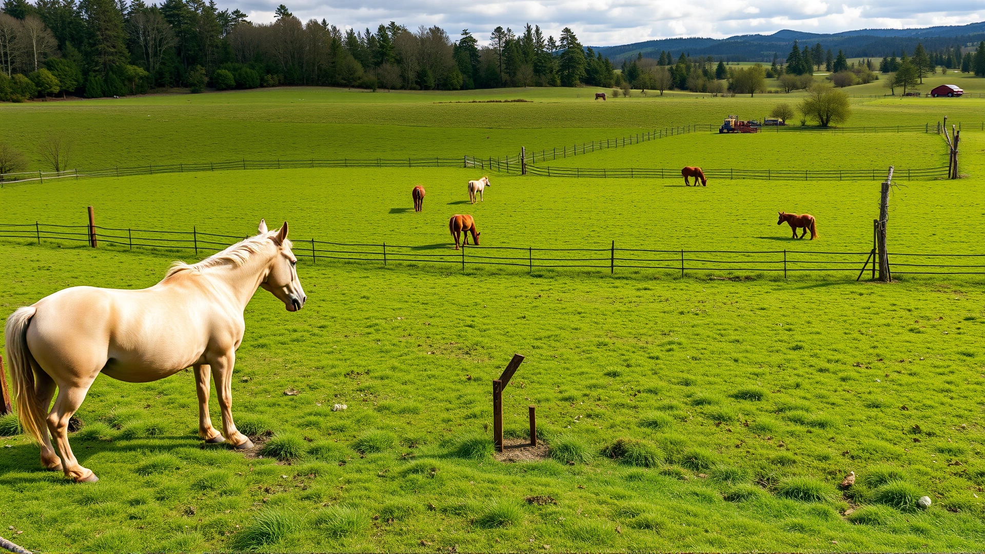 Wide angle shot of a well-maintained horse pasture with rotational grazing sections marked by fencing