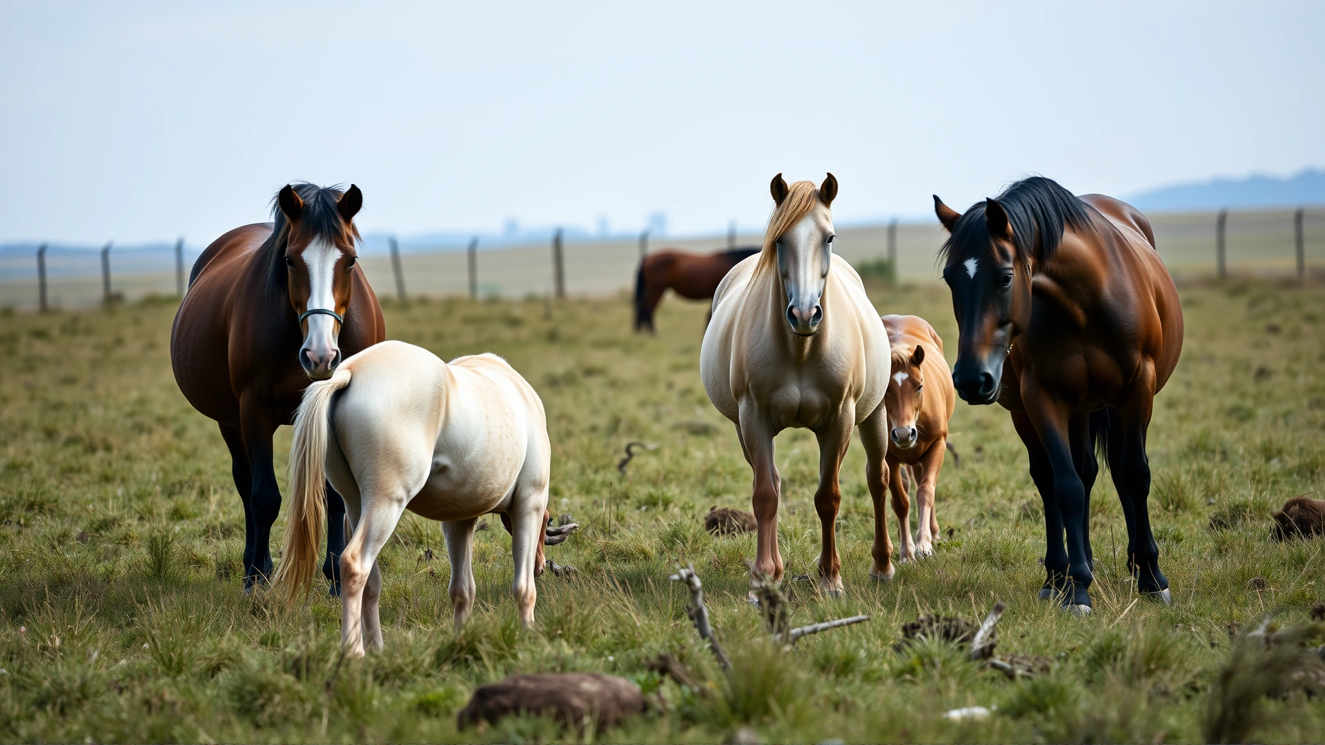 Group of horses grazing in a well-managed pasture with sparse, short grass and sectioned fencing