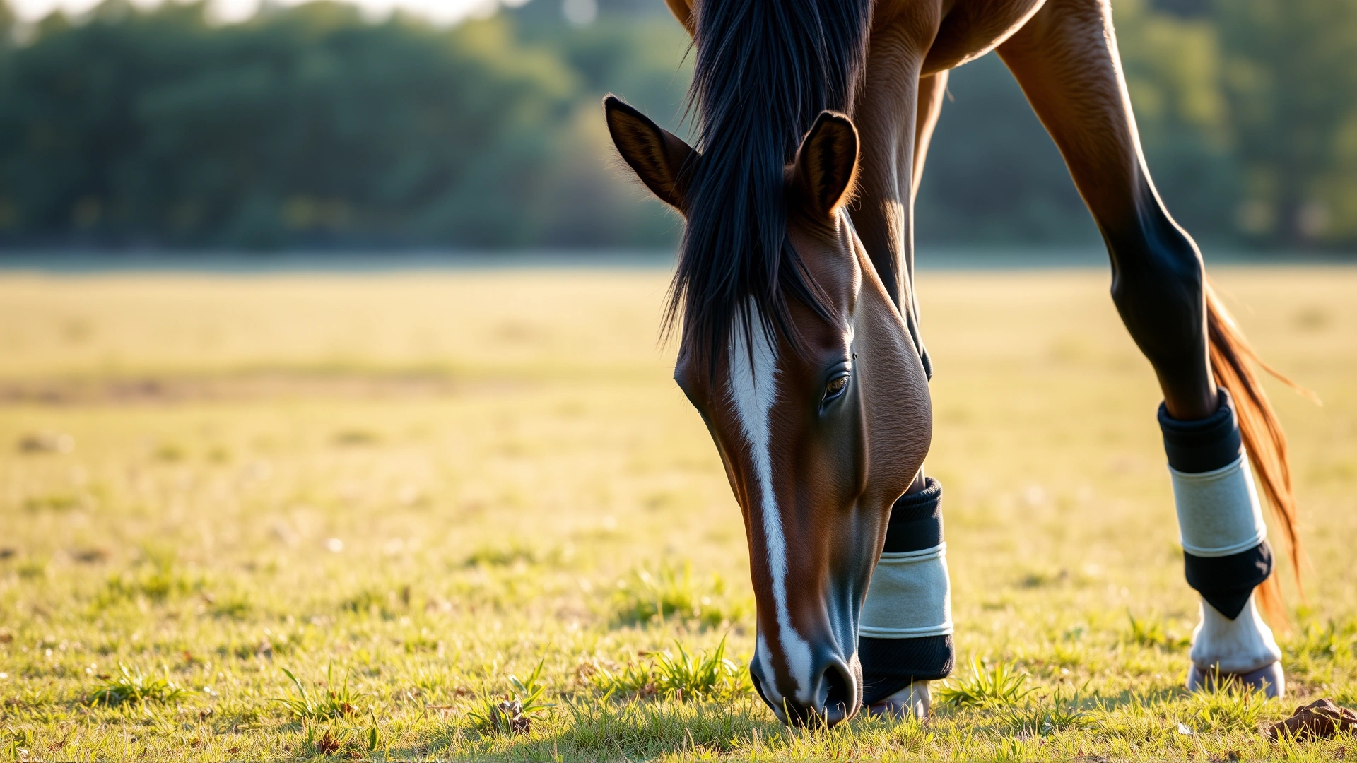 Horse wearing soft supportive leg wraps grazing peacefully in a spacious green pasture under soft morning light