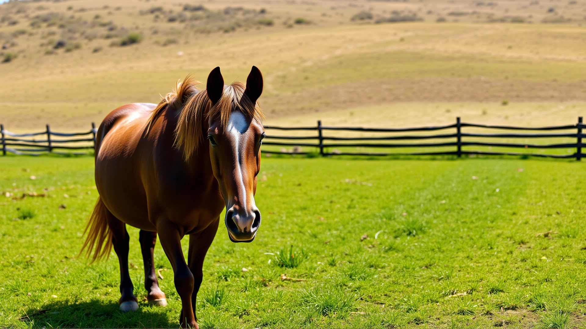 A well-maintained horse pasture with clearly removed weeds and trimmed grass, fencing in the background, bright sunny day